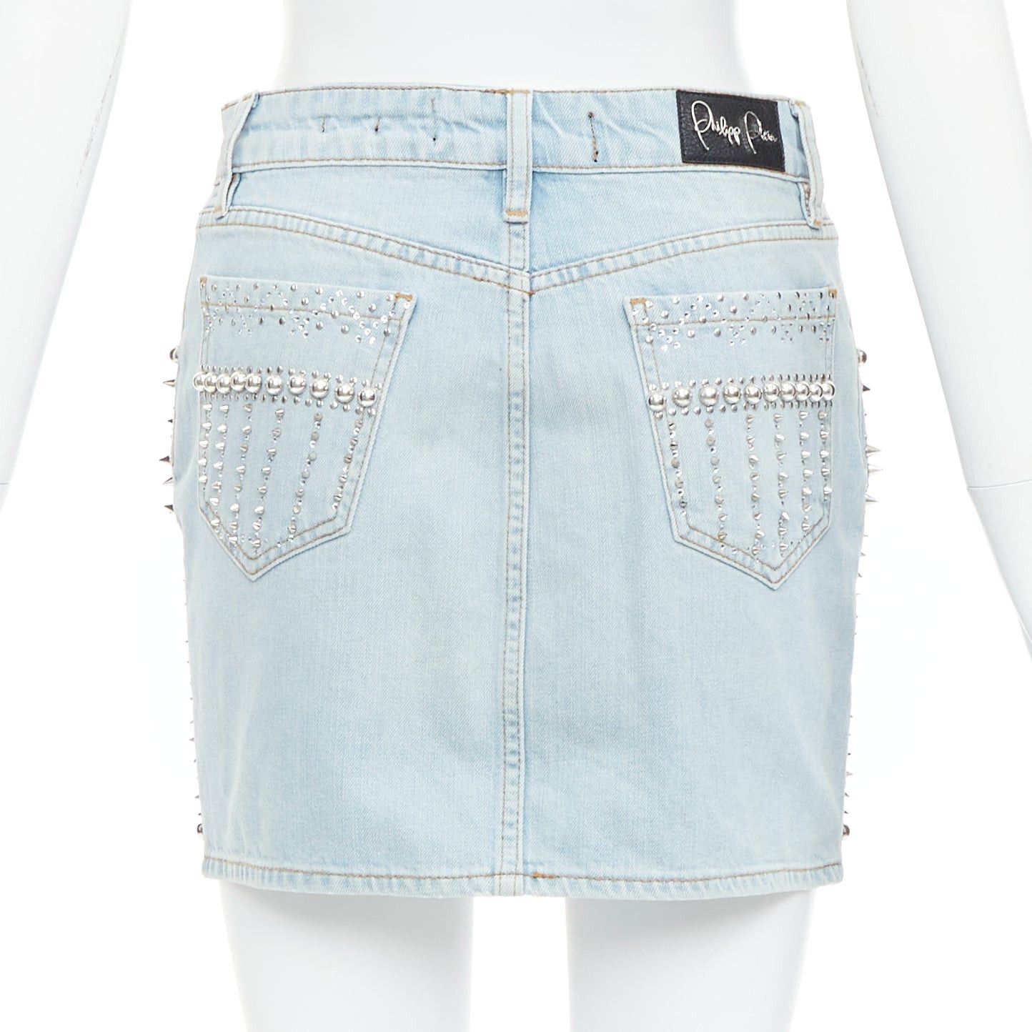 Philipp Plein PHILLIP PLEIN New Skirt blue cotton stud crystal front zip skirt 25" Size 25" / US 0 / IT 36 - 5 Thumbnail