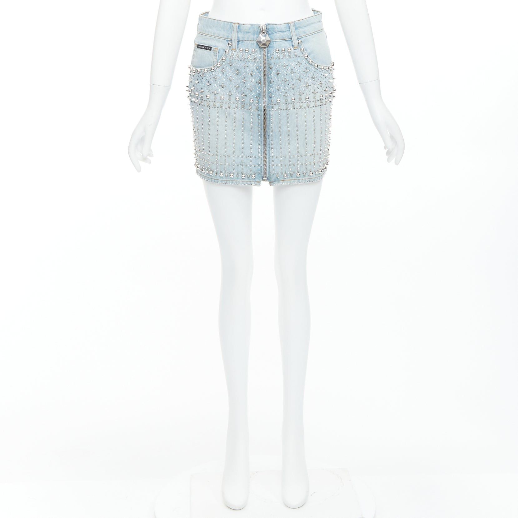 Philipp Plein PHILLIP PLEIN New Skirt blue cotton stud crystal front zip skirt 25" Size 25" / US 0 / IT 36 - 9 Thumbnail