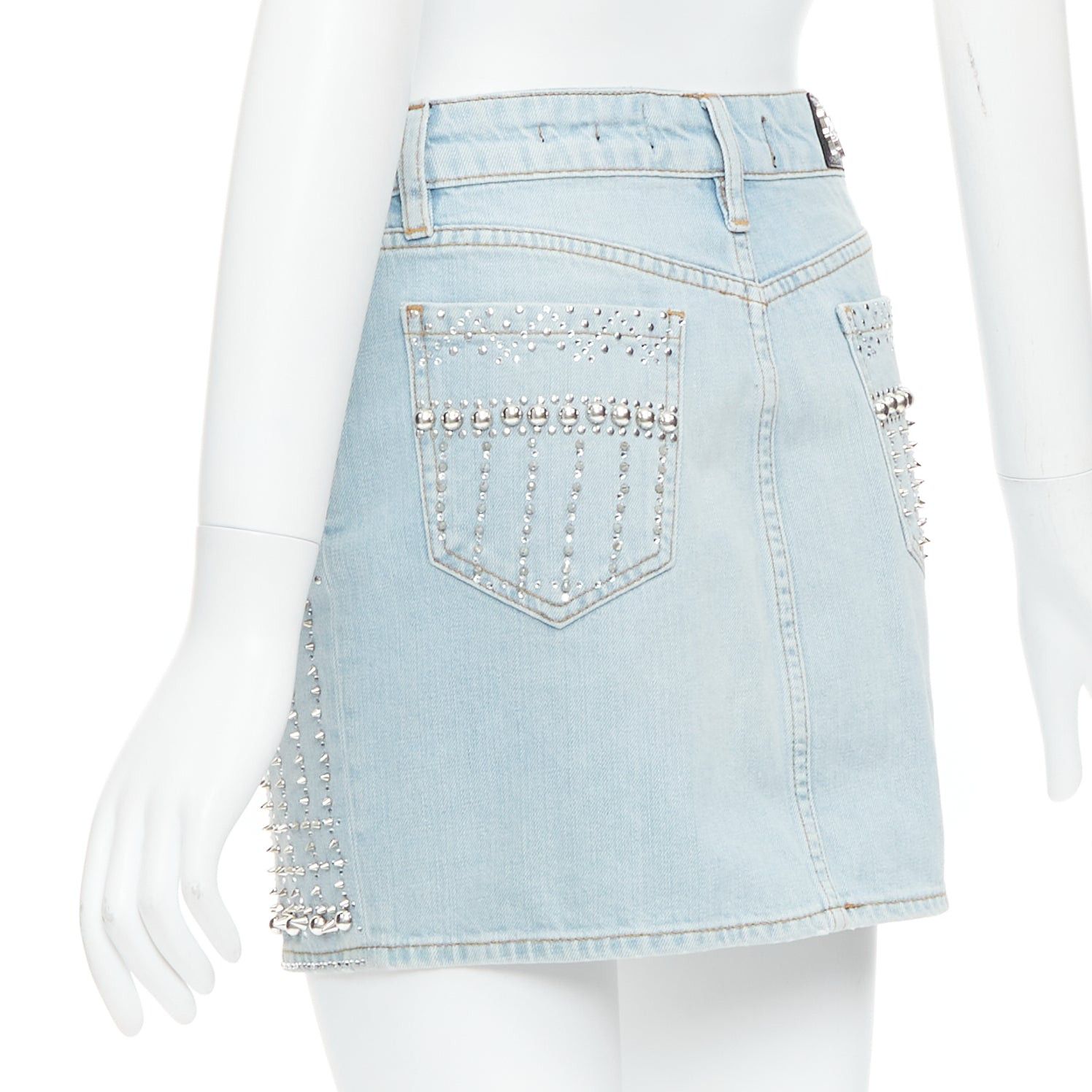 Philipp Plein PHILLIP PLEIN New Skirt blue cotton stud crystal front zip skirt 25" Size 25" / US 0 / IT 36 - 6 Thumbnail