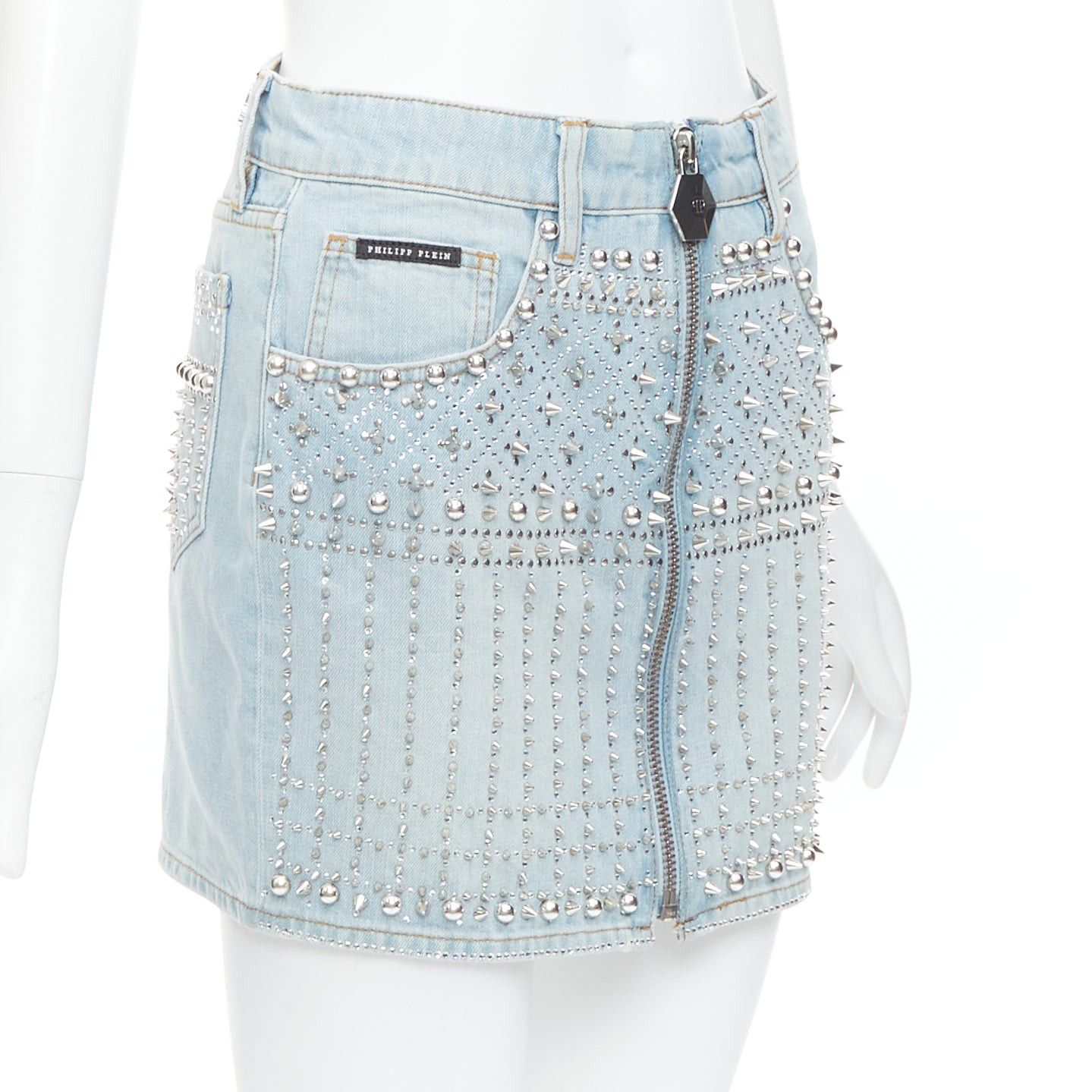 Philipp Plein PHILLIP PLEIN New Skirt blue cotton stud crystal front zip skirt 25" Size 25" / US 0 / IT 36 - 3 Thumbnail