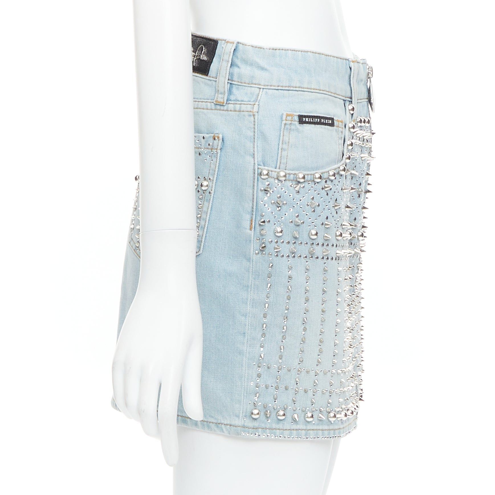 Philipp Plein PHILLIP PLEIN New Skirt blue cotton stud crystal front zip skirt 25" Size 25" / US 0 / IT 36 - 4 Thumbnail