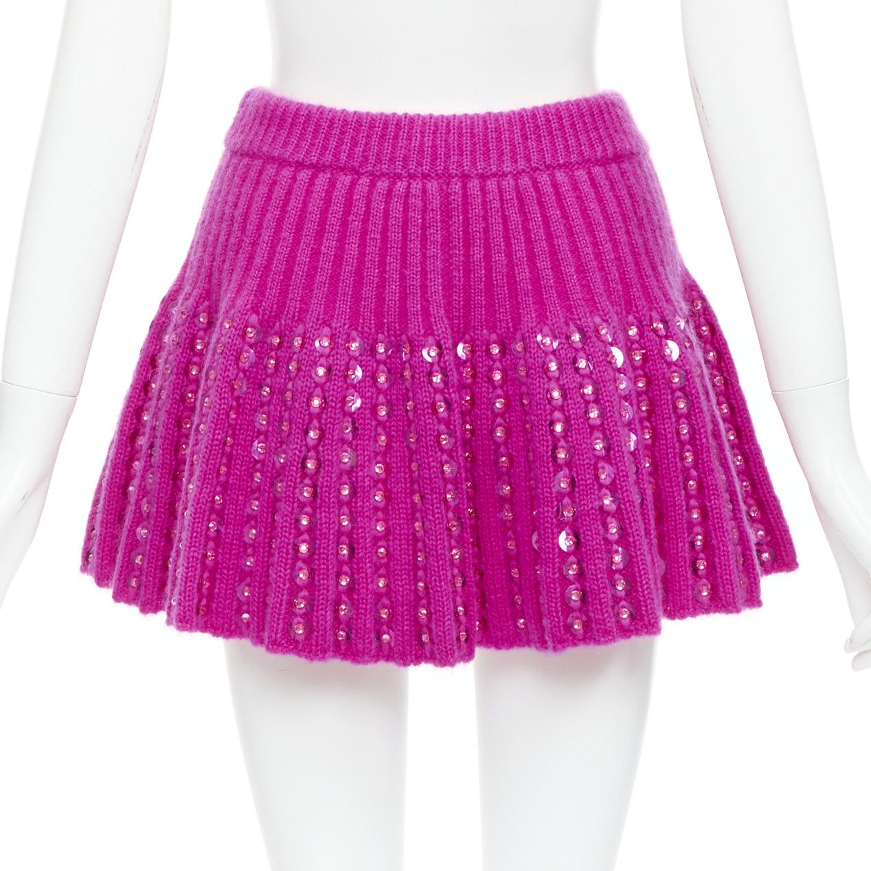 Valentino VALENTINO 2022 Runway PP Pink rhinestone embellished knitted mini flared skirt XS Size 27" / US 4 / IT 40 - 5 Thumbnail