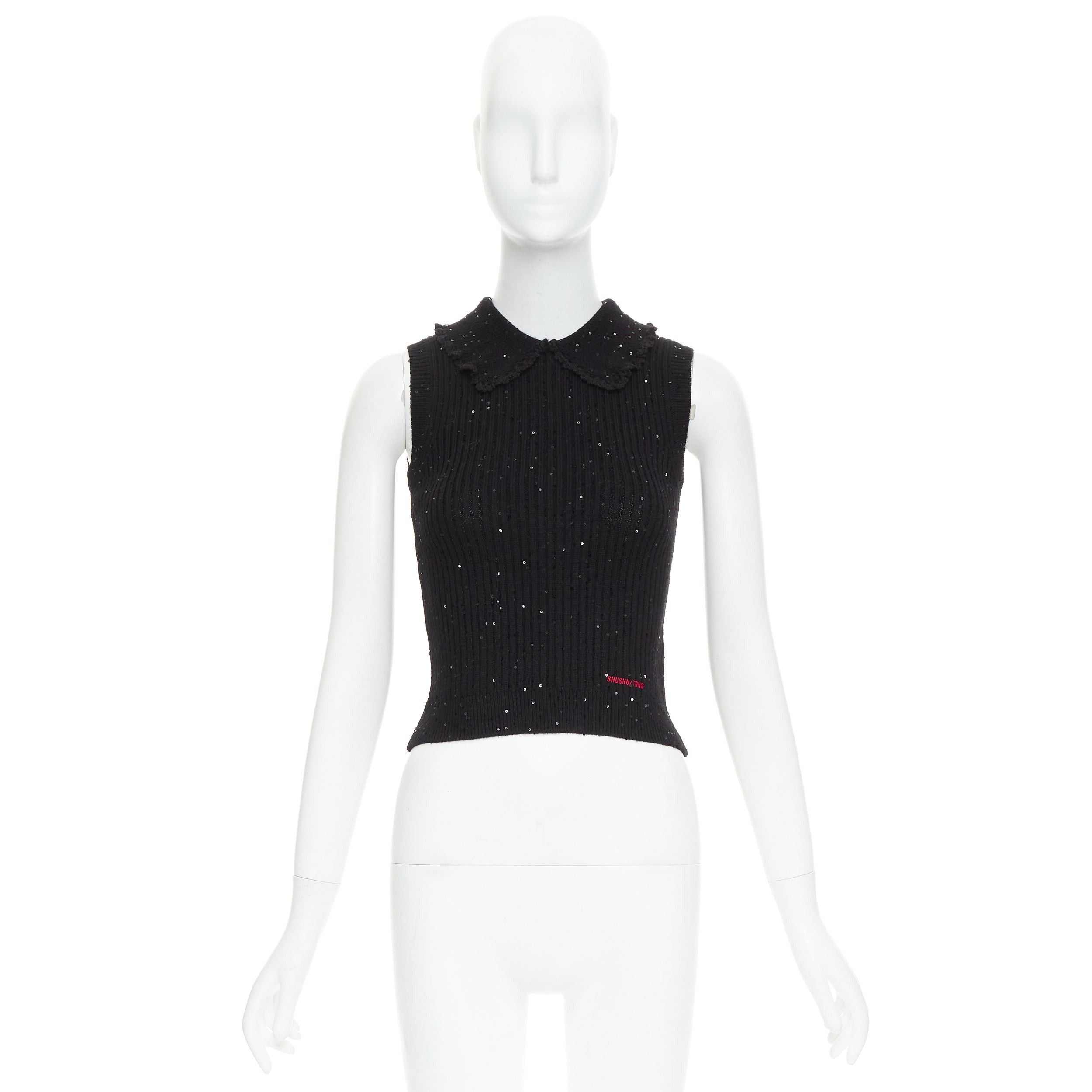 Shushu/Tong SHUSHU TONG black sequinned knit collared red logo rib crop vest UK6 XS Size XS / US 0-2 / IT 36-38 - 9 Thumbnail