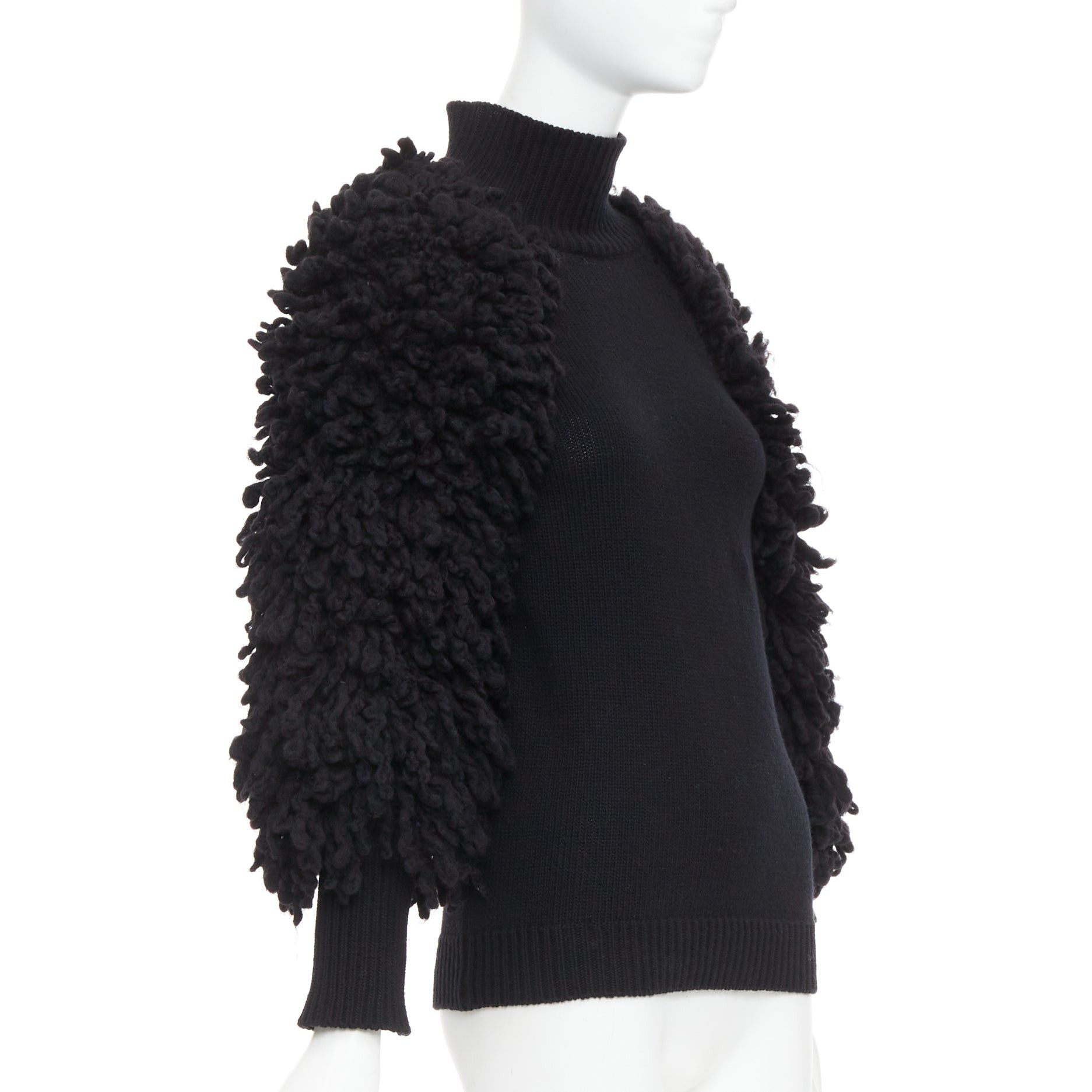 Valentino VALENTINO 2024 black virgin wool boucle yarn sleeves turtleneck sweater S Size S / US 4 / IT 40 - 3 Thumbnail