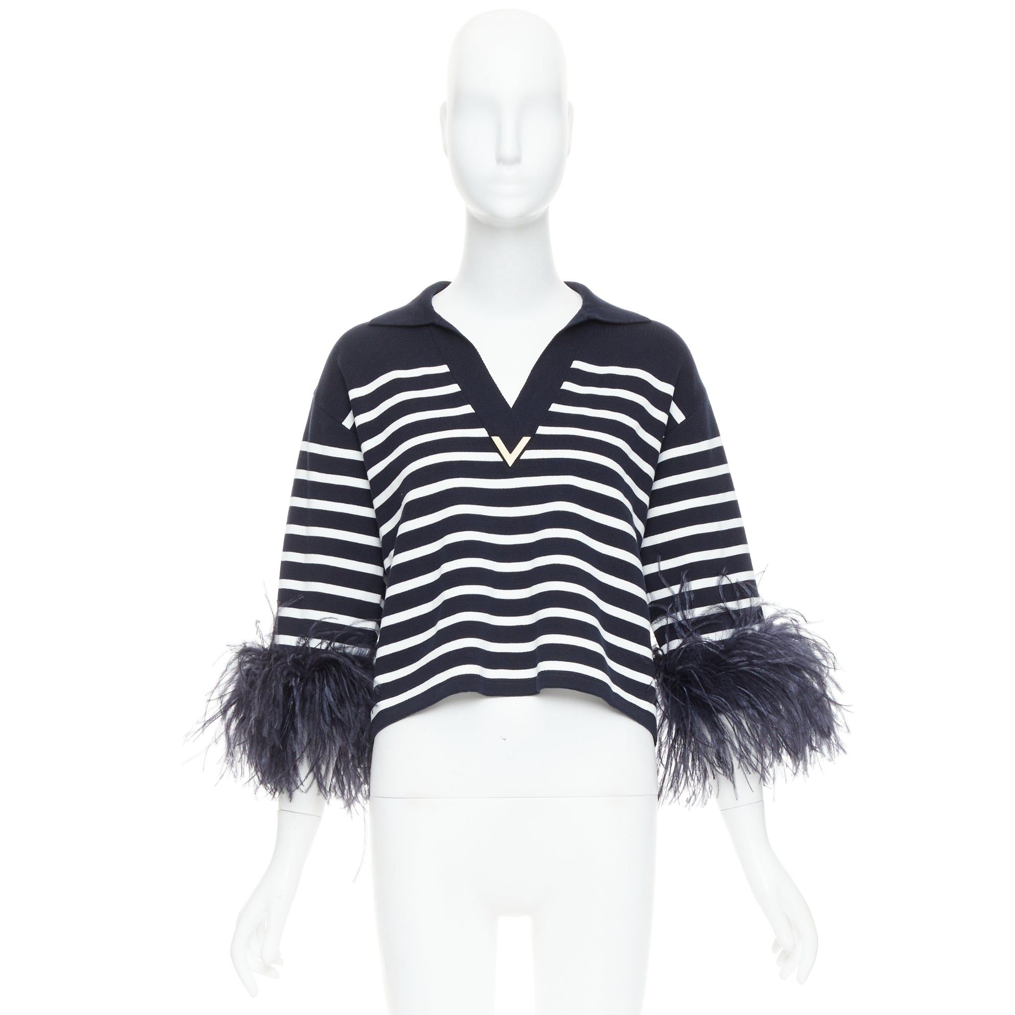 Valentino VALENTINO 2024 VGold navy white striped ostrich feather trim sleeve polo top XS Size S / US 4 / IT 40 - 9 Thumbnail