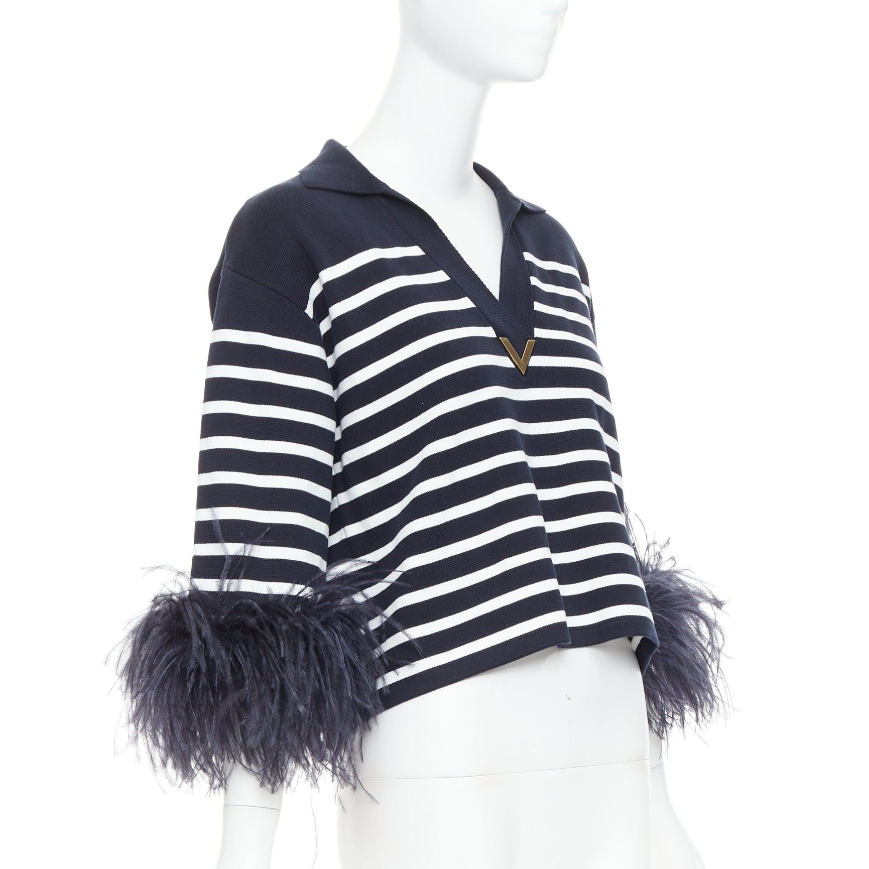 Valentino VALENTINO 2024 VGold navy white striped ostrich feather trim sleeve polo top XS Size S / US 4 / IT 40 - 3 Thumbnail