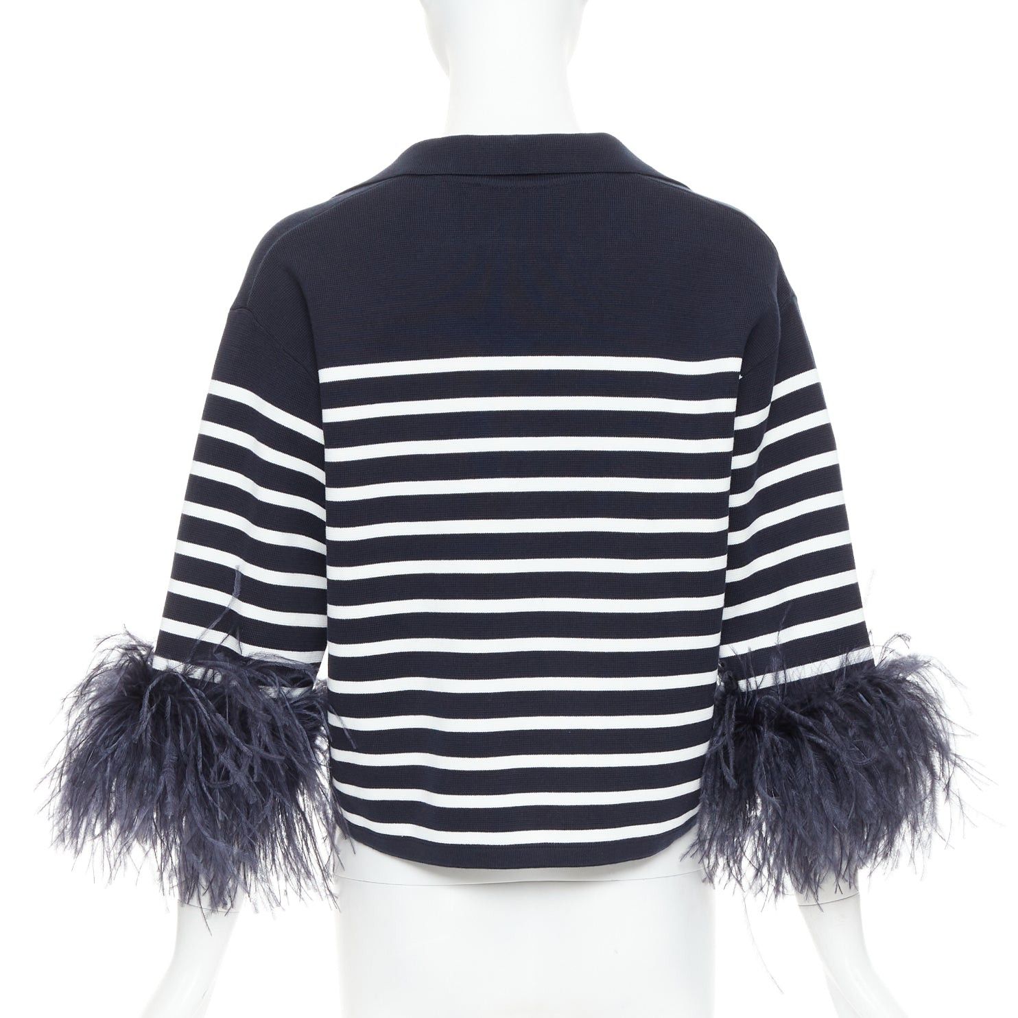Valentino VALENTINO 2024 VGold navy white striped ostrich feather trim sleeve polo top XS Size S / US 4 / IT 40 - 5 Thumbnail
