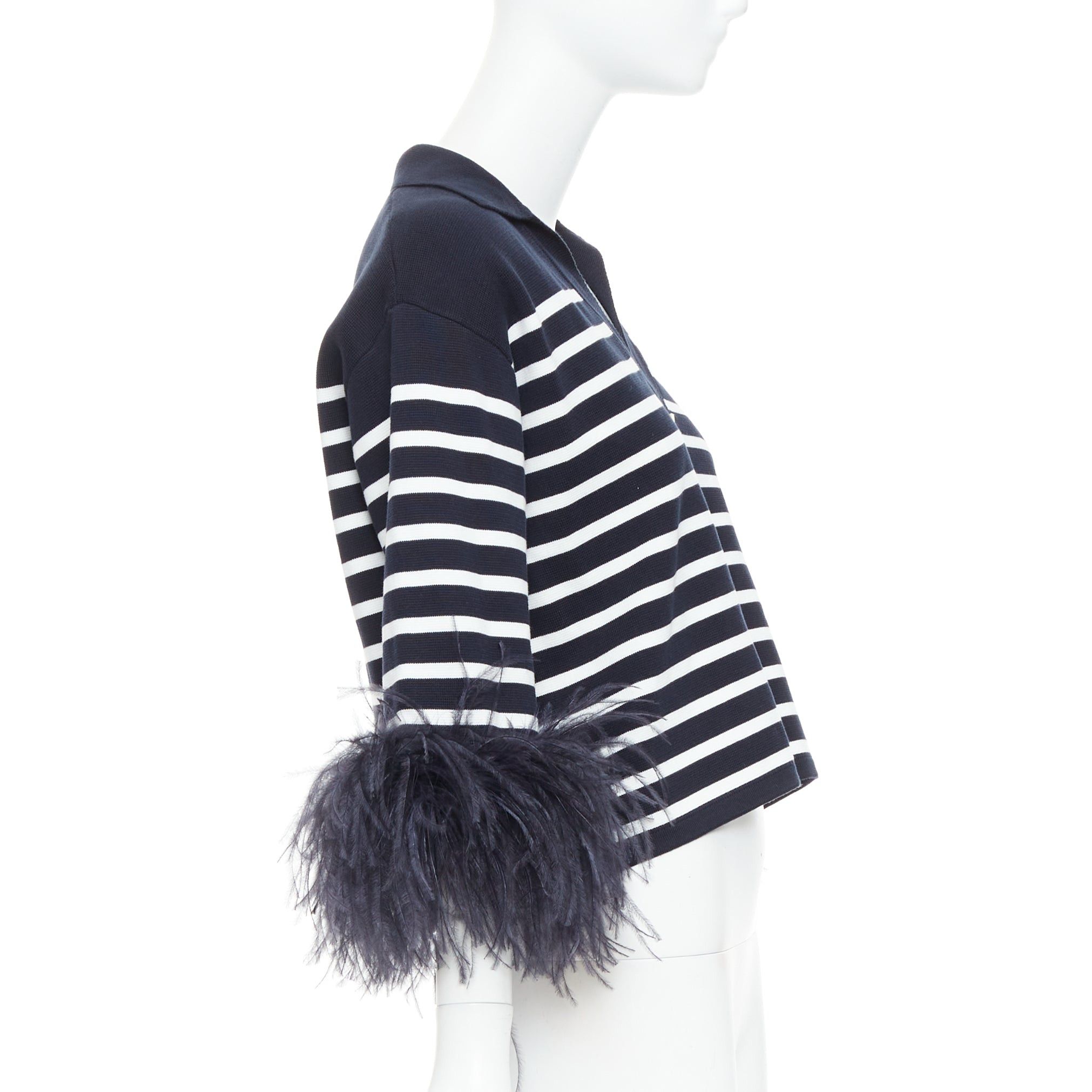 Valentino VALENTINO 2024 VGold navy white striped ostrich feather trim sleeve polo top XS Size S / US 4 / IT 40 - 4 Thumbnail