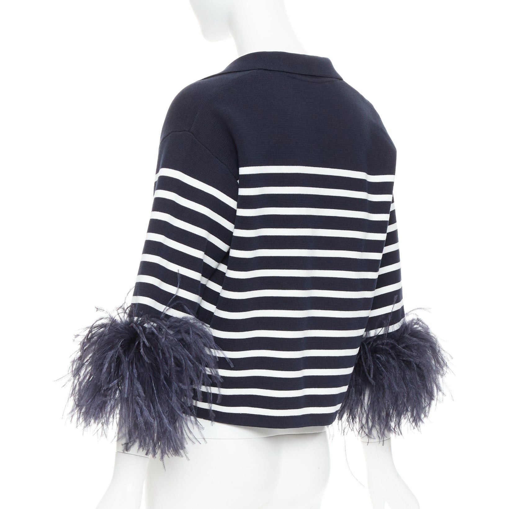 Valentino VALENTINO 2024 VGold navy white striped ostrich feather trim sleeve polo top XS Size S / US 4 / IT 40 - 6 Thumbnail