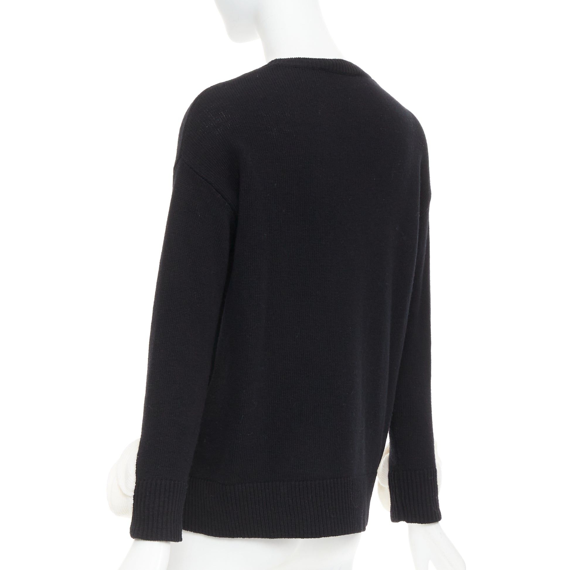 Valentino VALENTINO 2024 black virgin wool cream 3D Flower cuff crew neck sweater XS Size S / US 4 / IT 40 - 6 Thumbnail