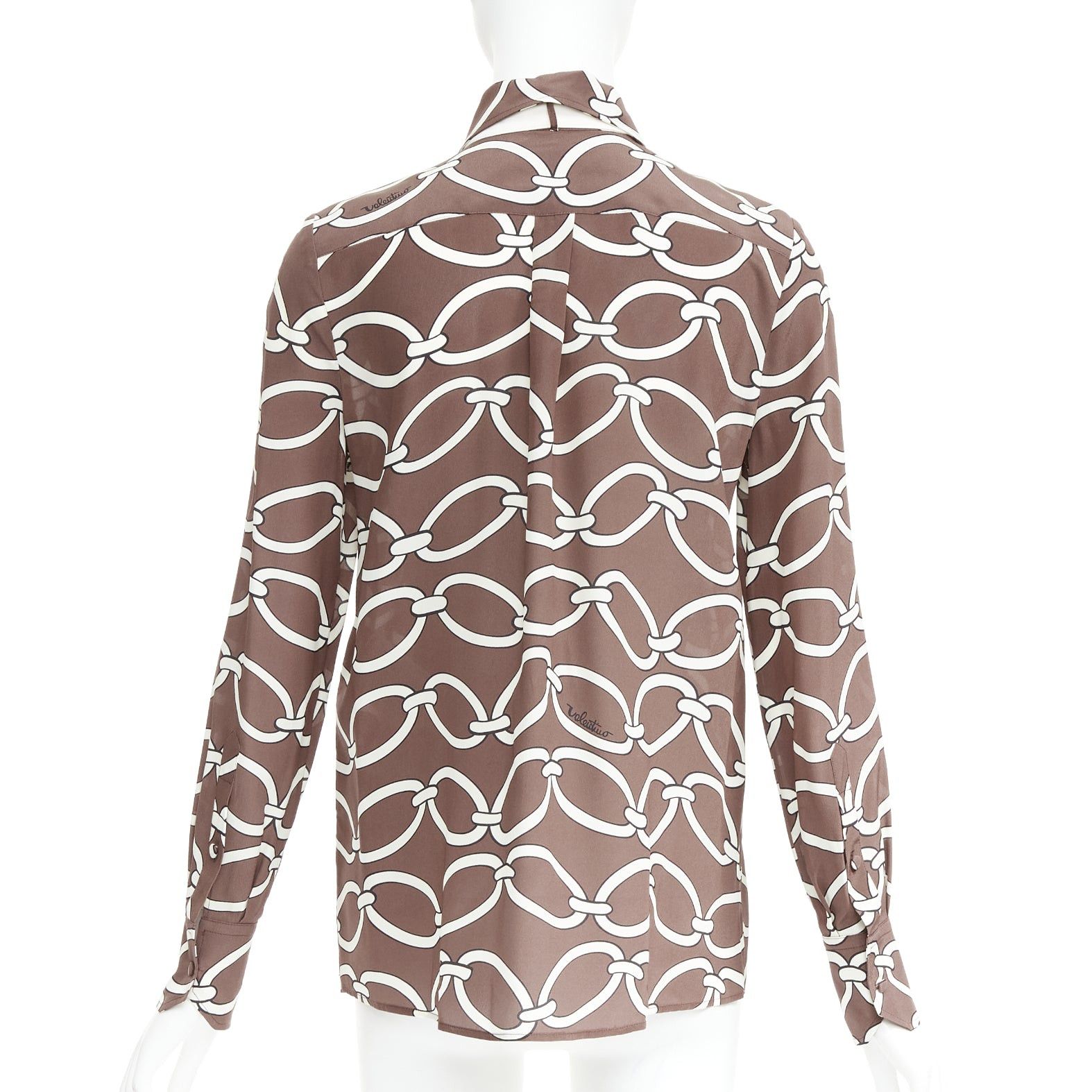 Valentino VALENTINO Chain 1967 brown cream crepe de chine silk tie neck blouse IT38 XS Size XS / US 0-2 / IT 36-38 - 5 Thumbnail