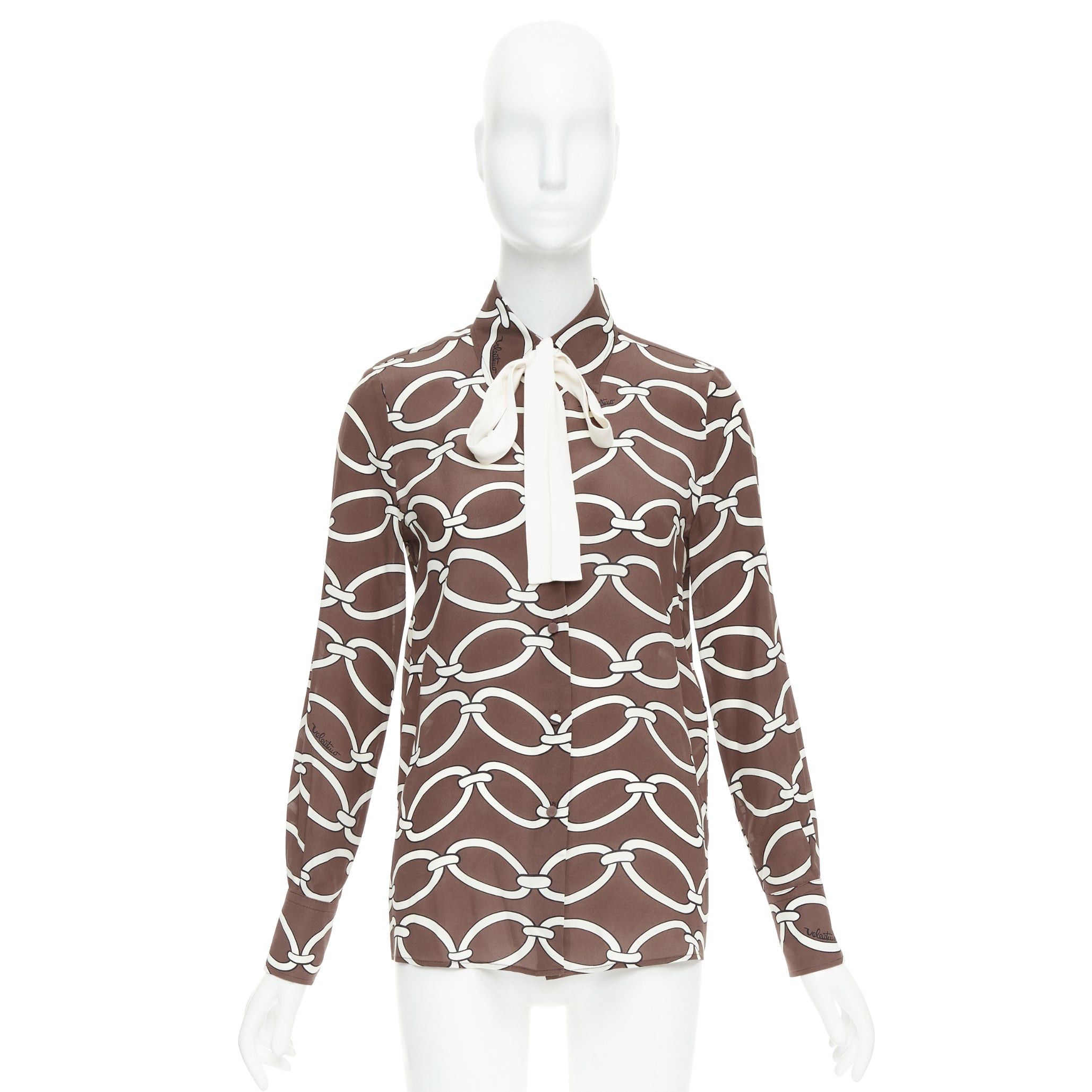 Valentino VALENTINO Chain 1967 brown cream crepe de chine silk tie neck blouse IT38 XS Size XS / US 0-2 / IT 36-38 - 9 Thumbnail
