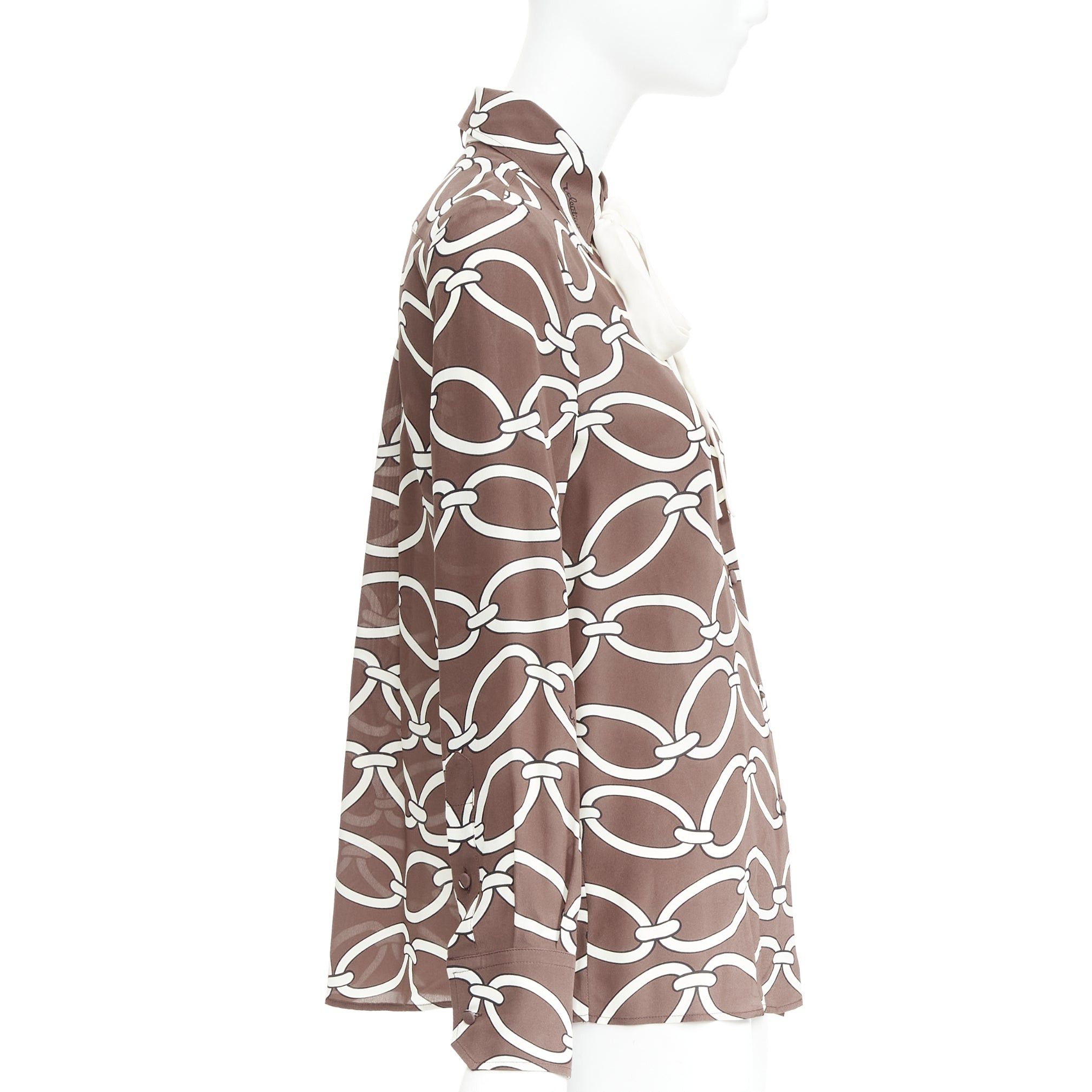Valentino VALENTINO Chain 1967 brown cream crepe de chine silk tie neck blouse IT38 XS Size XS / US 0-2 / IT 36-38 - 4 Thumbnail