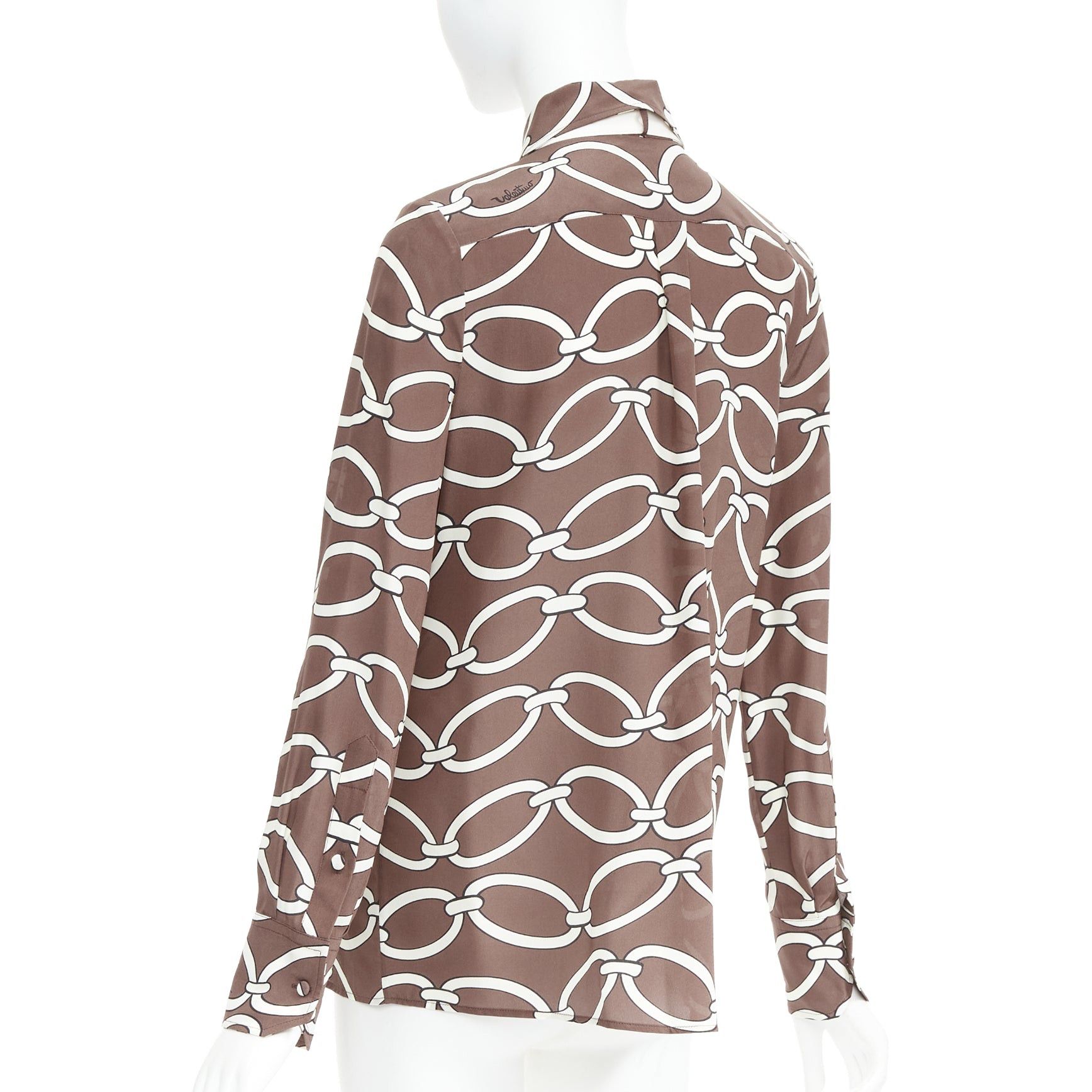 Valentino VALENTINO Chain 1967 brown cream crepe de chine silk tie neck blouse IT38 XS Size XS / US 0-2 / IT 36-38 - 6 Thumbnail