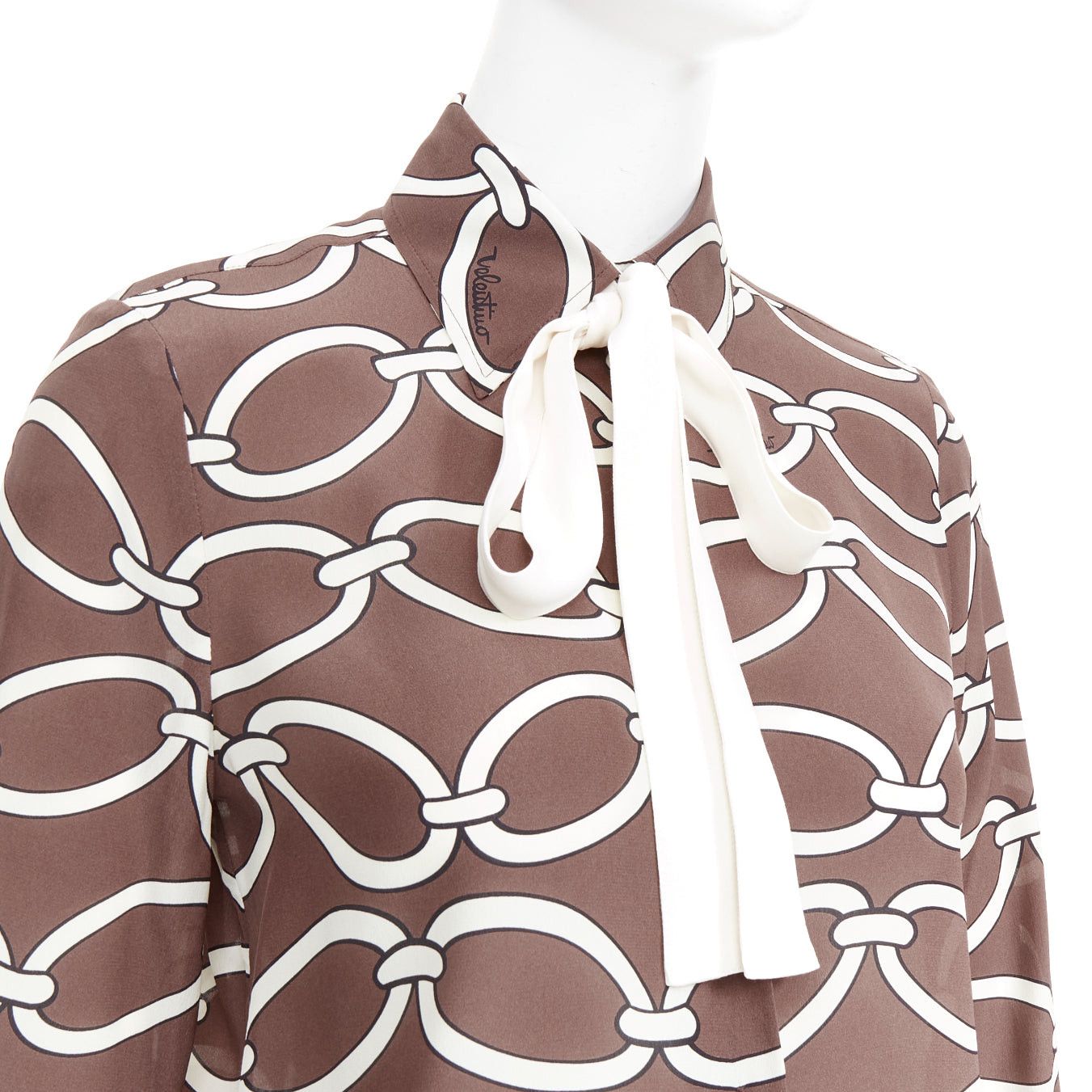 Valentino VALENTINO Chain 1967 brown cream crepe de chine silk tie neck blouse IT38 XS Size XS / US 0-2 / IT 36-38 - 2 Thumbnail