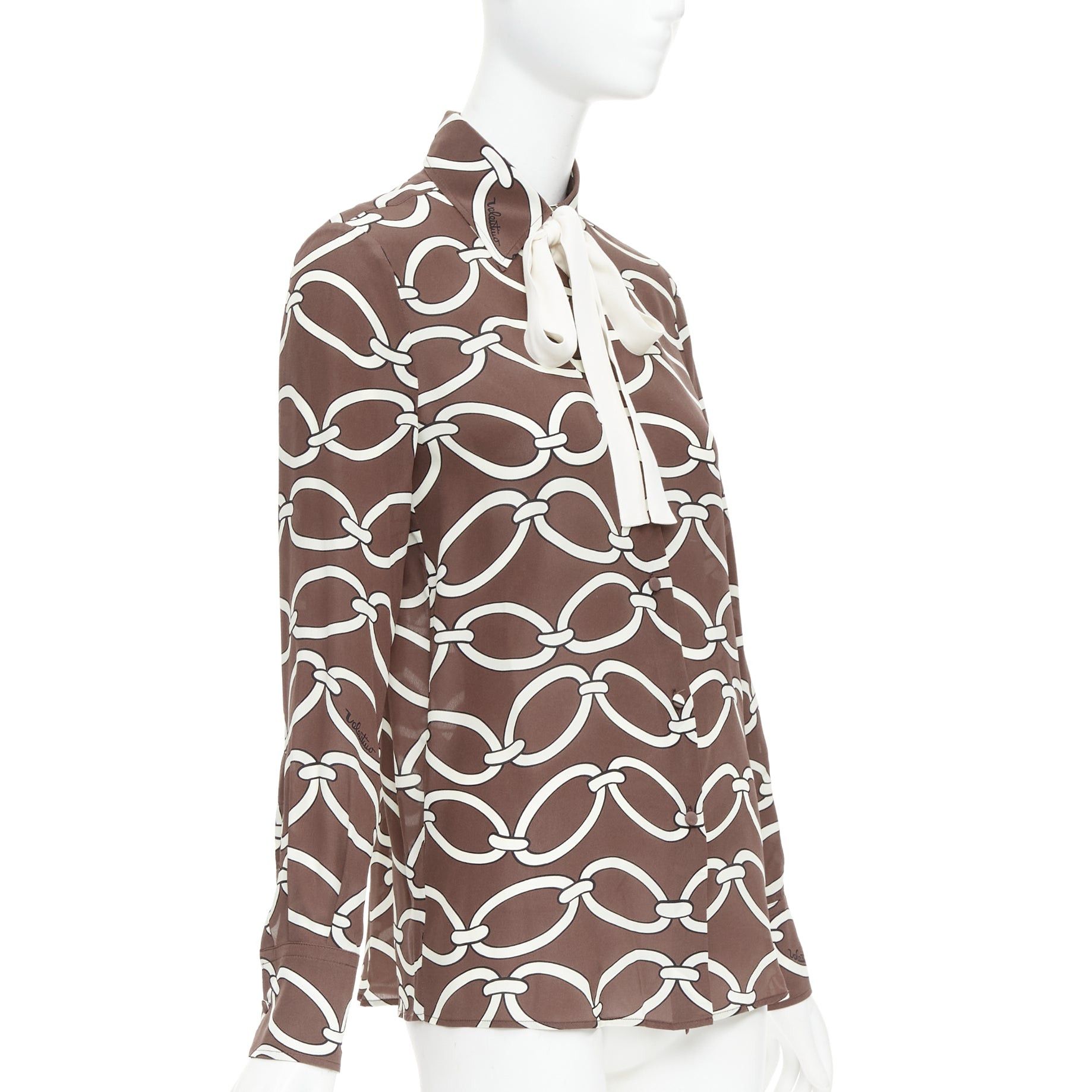 Valentino VALENTINO Chain 1967 brown cream crepe de chine silk tie neck blouse IT38 XS Size XS / US 0-2 / IT 36-38 - 3 Thumbnail