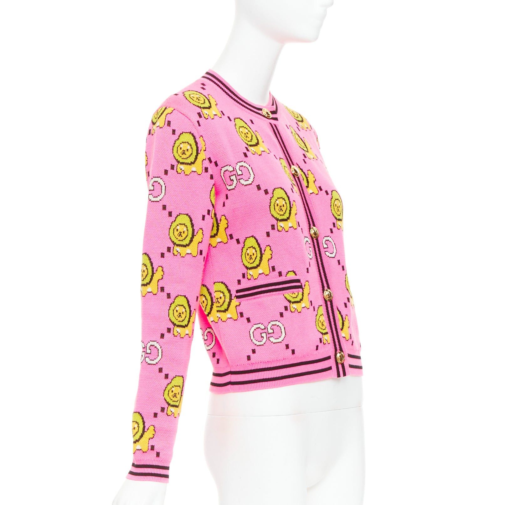 Gucci GUCCI PIKARAR pink yellow cotton Kawaii Lion GG monogram cropped cardigan XXS Size XS / US 0-2 / IT 36-38 - 4 Thumbnail