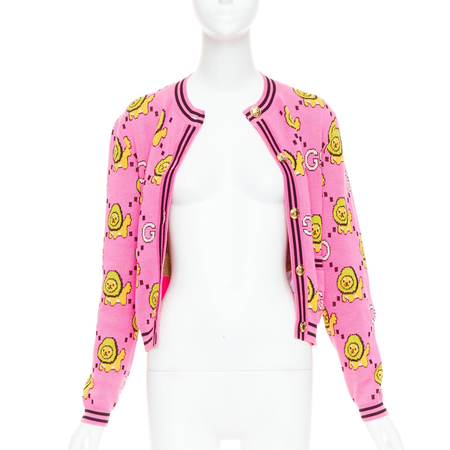 Gucci GUCCI PIKARAR pink yellow cotton Kawaii Lion GG monogram cropped cardigan XXS Size XS / US 0-2 / IT 36-38 - 3 Thumbnail