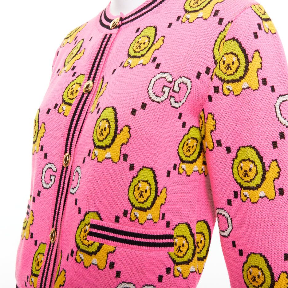 Gucci GUCCI PIKARAR pink yellow cotton Kawaii Lion GG monogram cropped cardigan XXS Size XS / US 0-2 / IT 36-38 - 2 Thumbnail