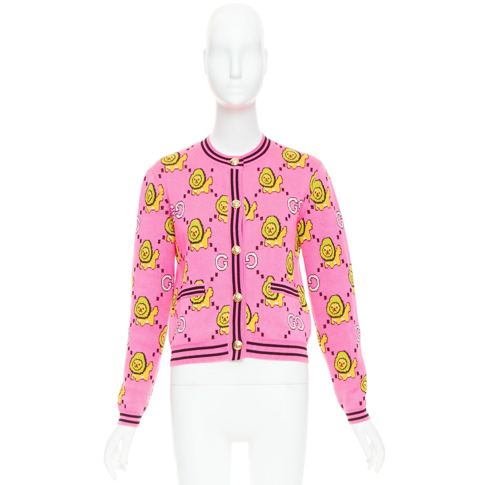 Gucci GUCCI PIKARAR pink yellow cotton Kawaii Lion GG monogram cropped cardigan XXS Size XS / US 0-2 / IT 36-38 - 10 Thumbnail