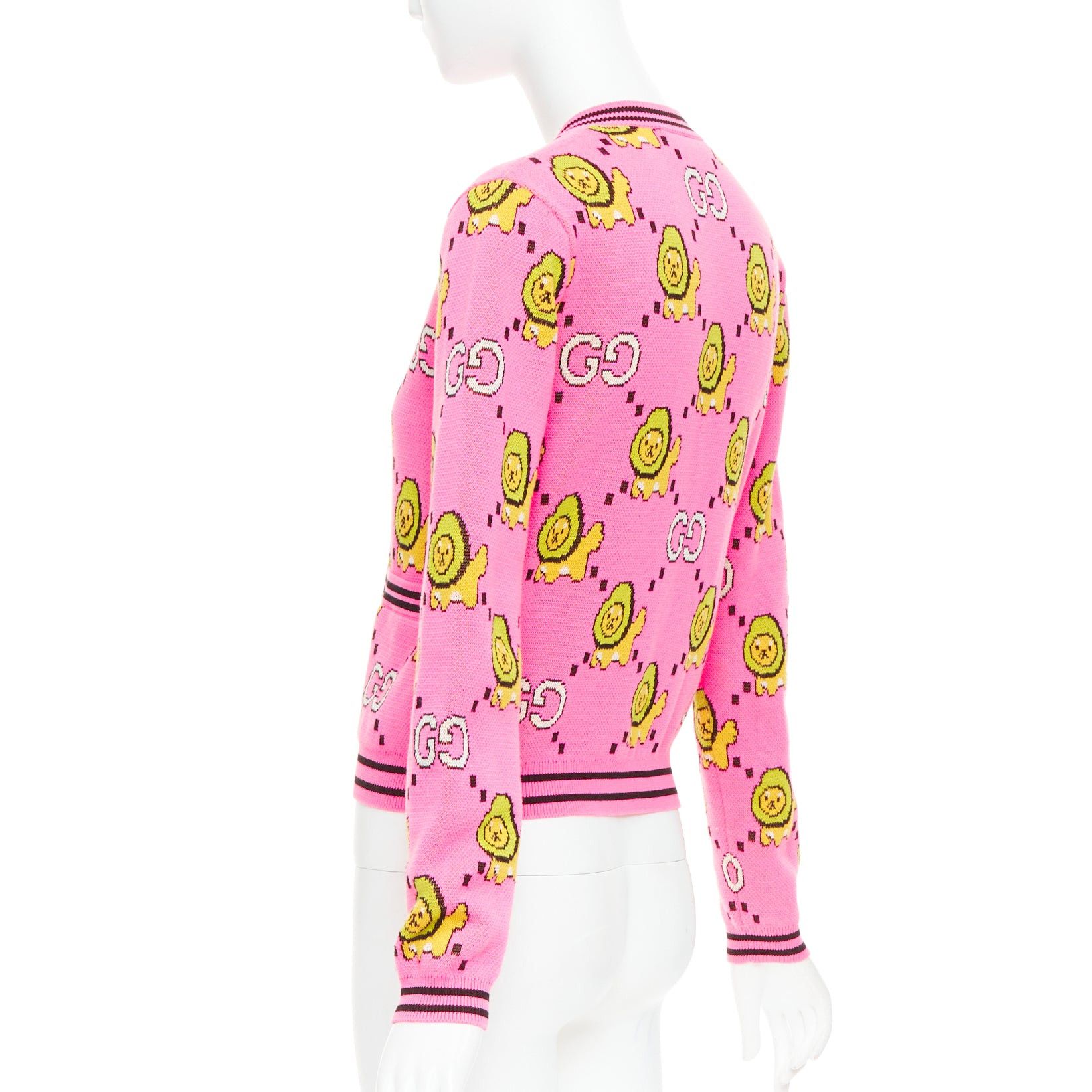 Gucci GUCCI PIKARAR pink yellow cotton Kawaii Lion GG monogram cropped cardigan XXS Size XS / US 0-2 / IT 36-38 - 7 Thumbnail
