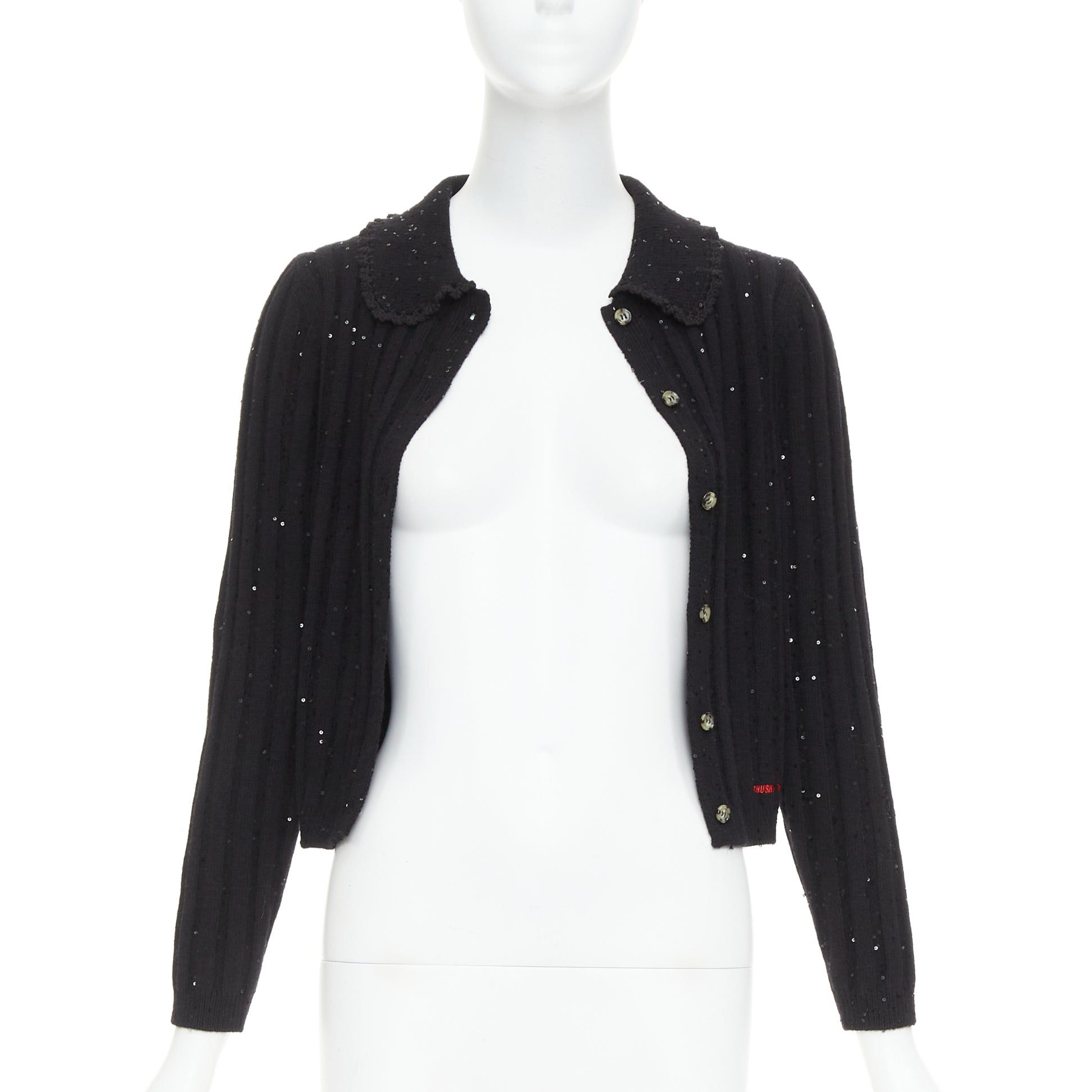 Shushu/Tong SHUSHU TONG black sequins wool cotton blend logo crop cardigan UK6 XS Size XS / US 0-2 / IT 36-38 - 3 Thumbnail