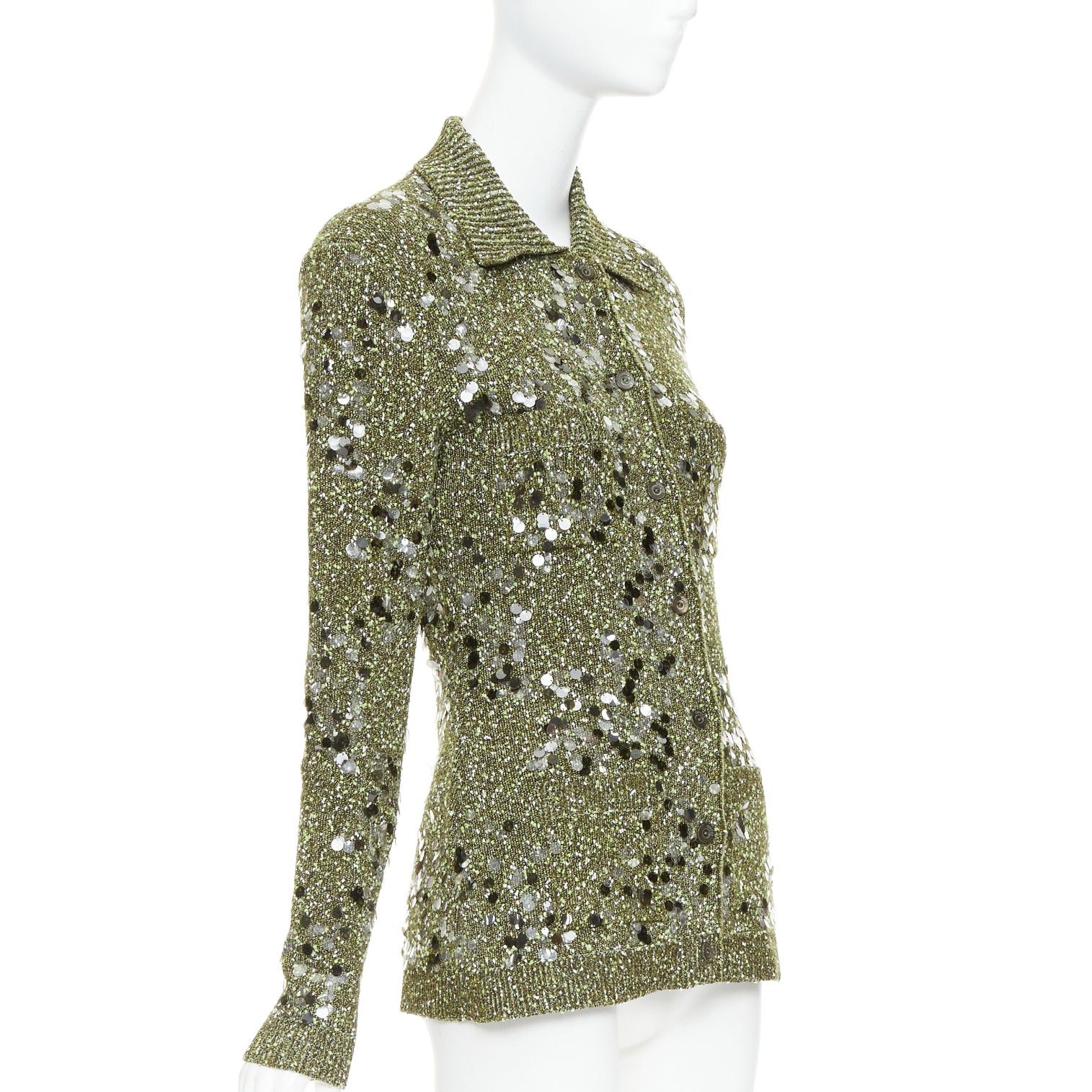 Gucci GUCCI De Sarno dark green boucle knit multi pailettes cardigan S Size S / US 4 / IT 40 - 4 Thumbnail