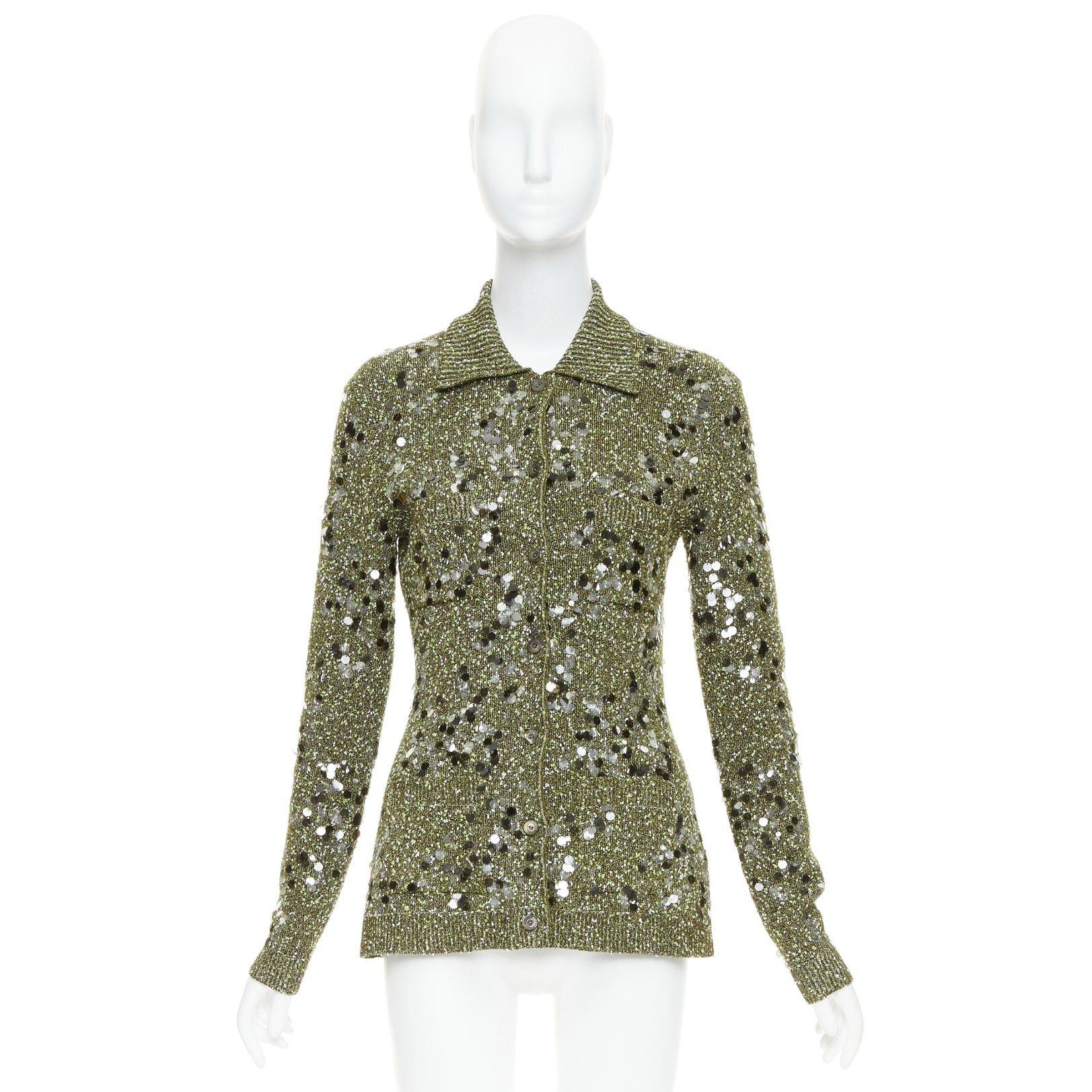 Gucci GUCCI De Sarno dark green boucle knit multi pailettes cardigan S Size S / US 4 / IT 40 - 10 Thumbnail