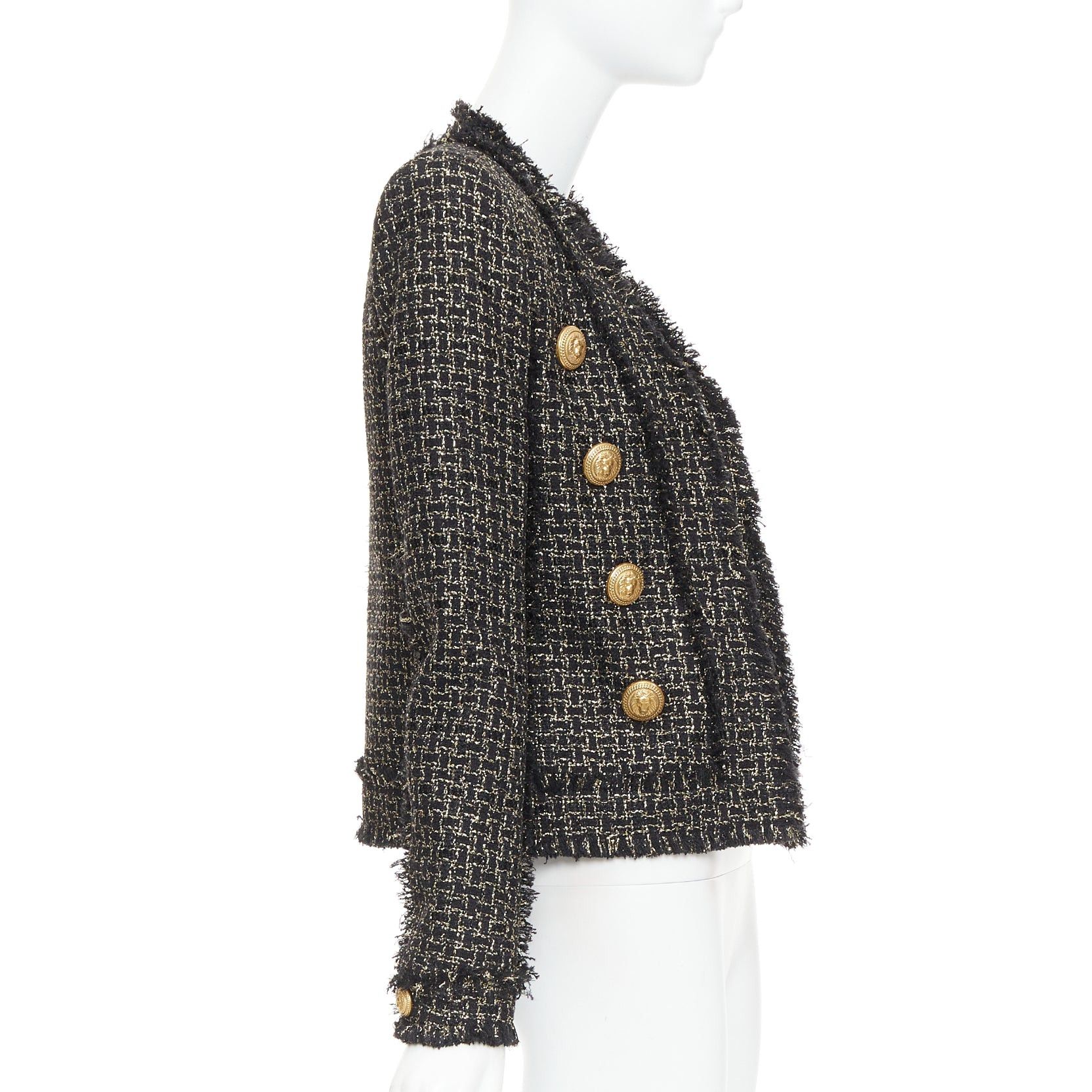 Balmain BALMAIN black gold tweed gold lion head buttons power jacket FR34 XS Size XS / US 0-2 / IT 36-38 - 4 Thumbnail