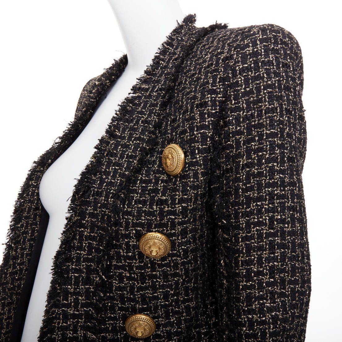 Balmain BALMAIN black gold tweed gold lion head buttons power jacket FR34 XS Size XS / US 0-2 / IT 36-38 - 2 Thumbnail