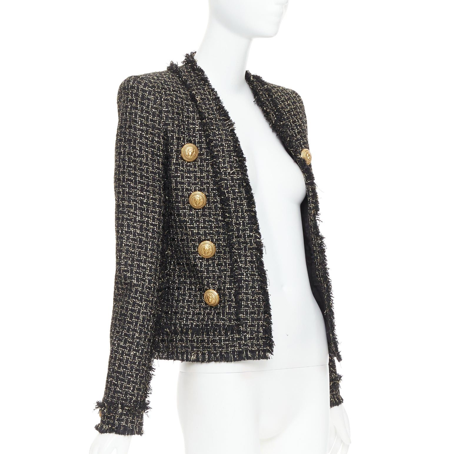 Balmain BALMAIN black gold tweed gold lion head buttons power jacket FR34 XS Size XS / US 0-2 / IT 36-38 - 3 Thumbnail