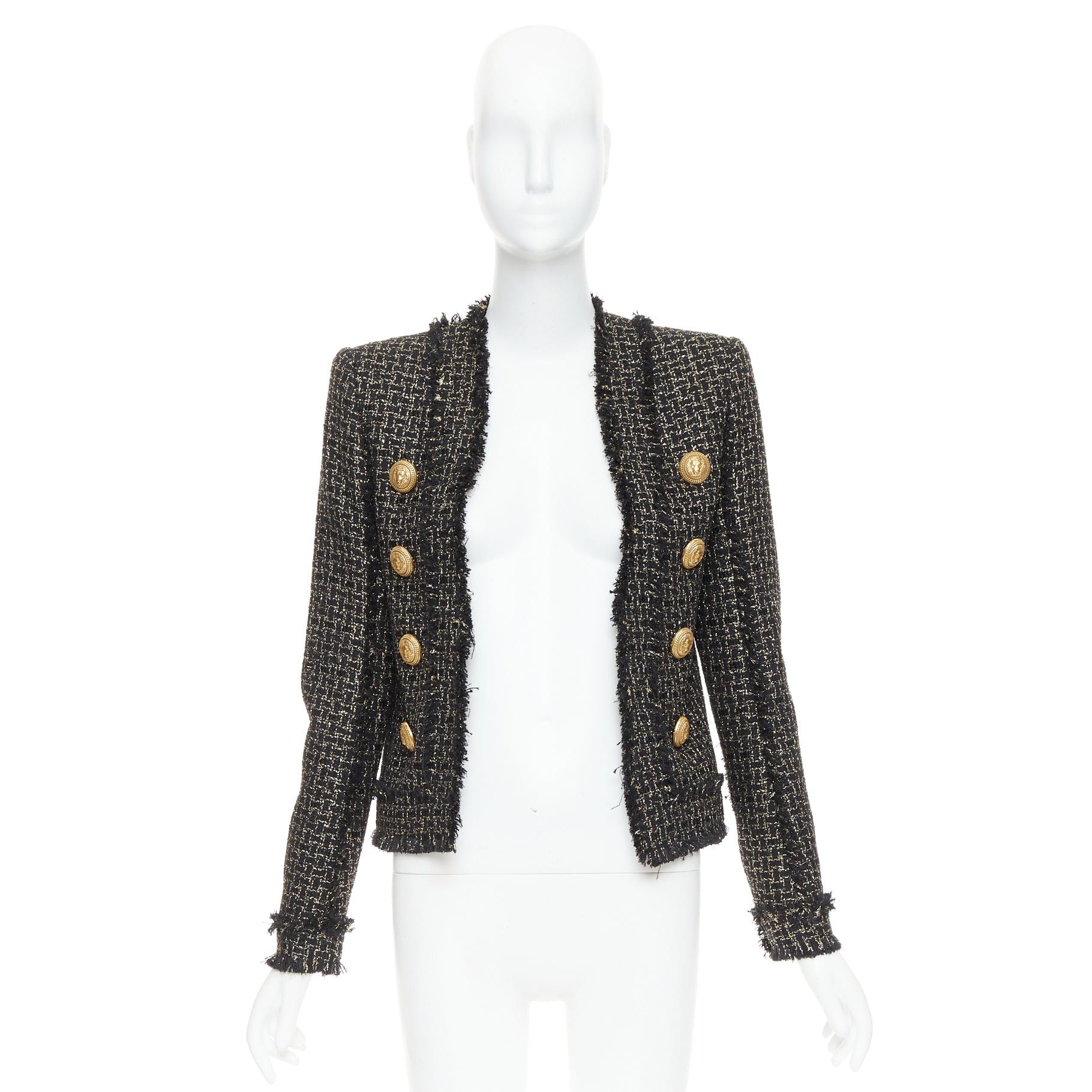 Balmain BALMAIN black gold tweed gold lion head buttons power jacket FR34 XS Size XS / US 0-2 / IT 36-38 - 9 Thumbnail