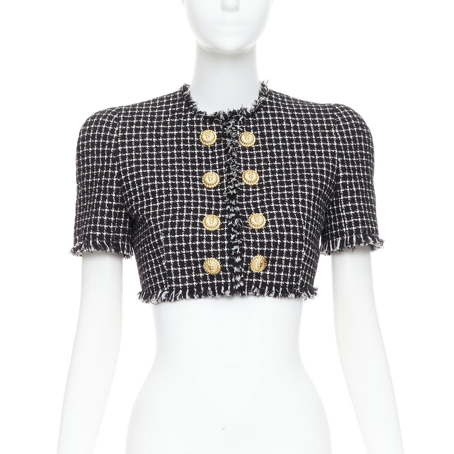 Balmain BALMAIN 2024 black white tweed lionhead buttons cropped jacket FR34 XS Size XS / US 0-2 / IT 36-38 - 3 Thumbnail