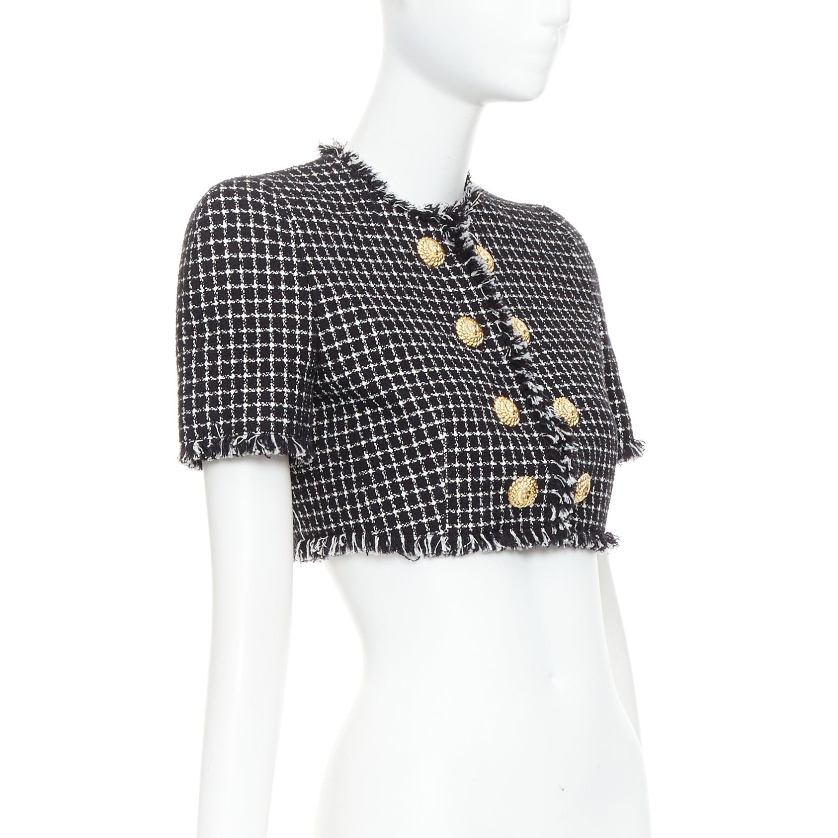 Balmain BALMAIN 2024 black white tweed lionhead buttons cropped jacket FR34 XS Size XS / US 0-2 / IT 36-38 - 4 Thumbnail