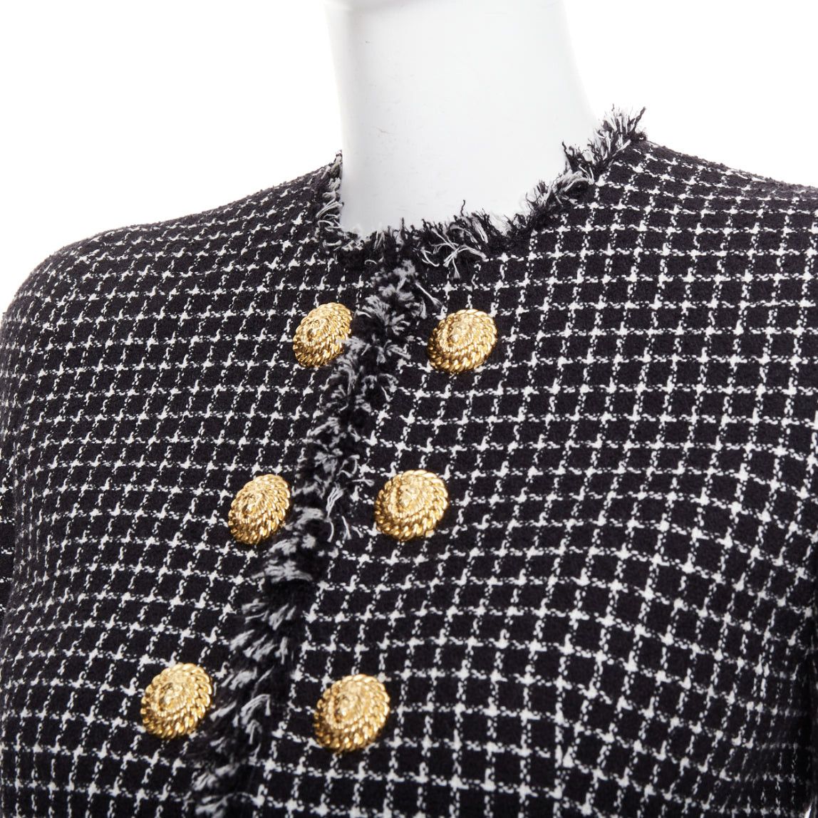 Balmain BALMAIN 2024 black white tweed lionhead buttons cropped jacket FR34 XS Size XS / US 0-2 / IT 36-38 - 2 Thumbnail
