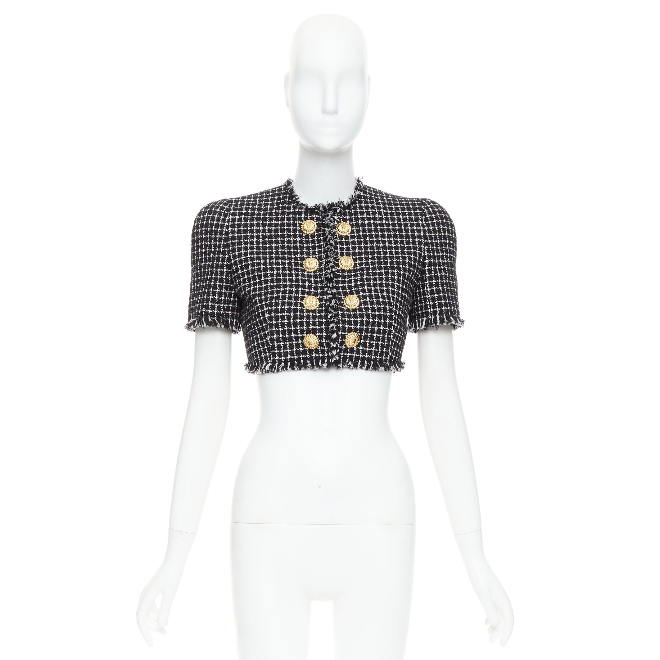 Balmain BALMAIN 2024 black white tweed lionhead buttons cropped jacket FR34 XS Size XS / US 0-2 / IT 36-38 - 10 Thumbnail