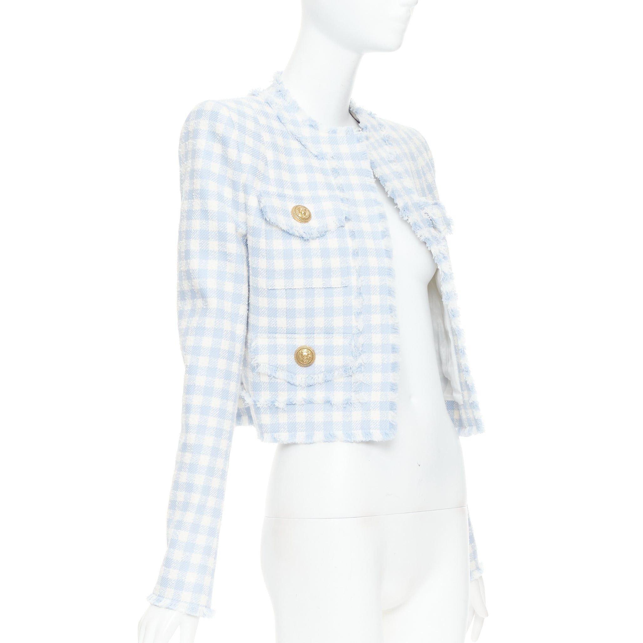Balmain BALMAIN light blue white plaid tweed trim 4 pocket cropped jacket FR34 XS Size XS / US 0-2 / IT 36-38 - 3 Thumbnail