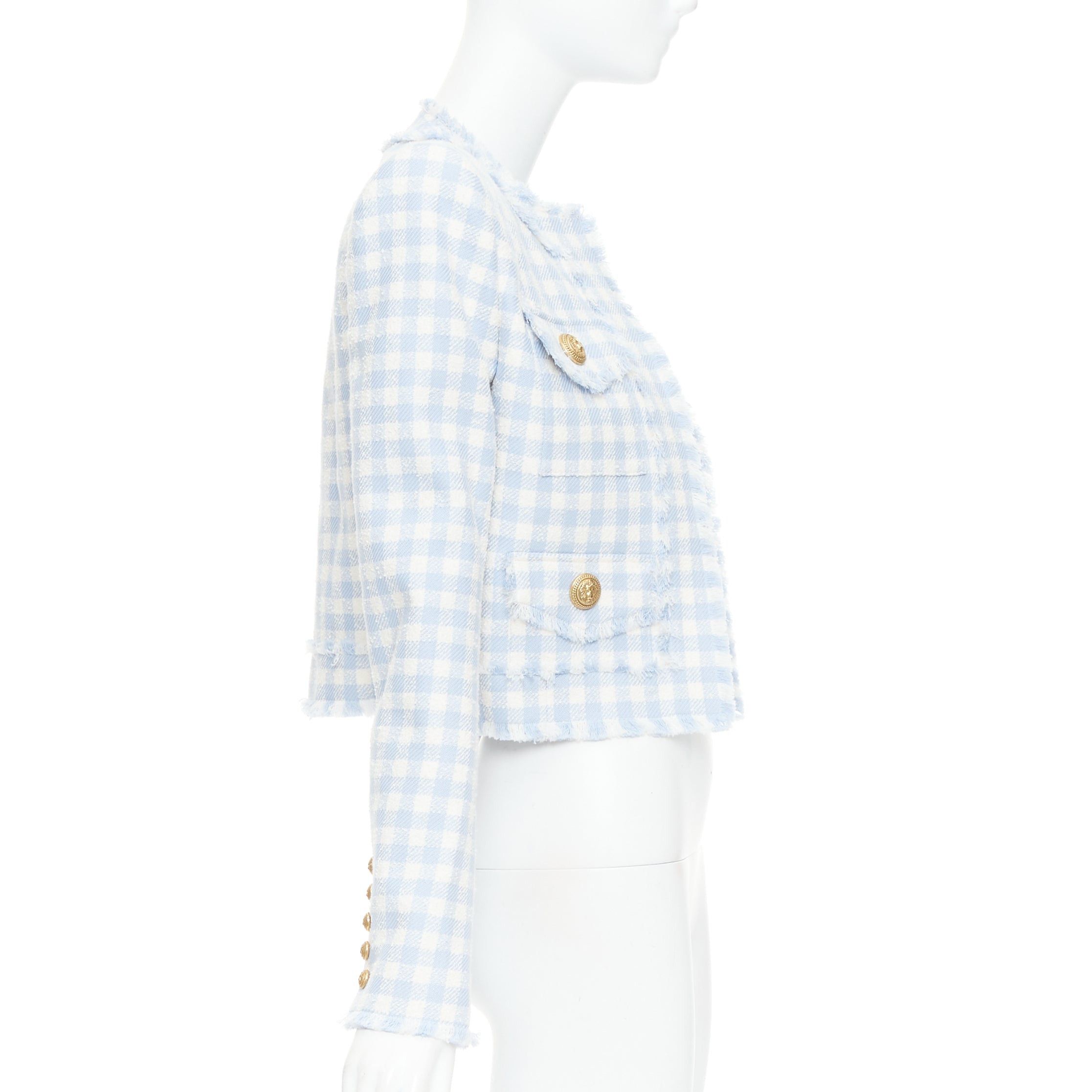 Balmain BALMAIN light blue white plaid tweed trim 4 pocket cropped jacket FR34 XS Size XS / US 0-2 / IT 36-38 - 4 Thumbnail
