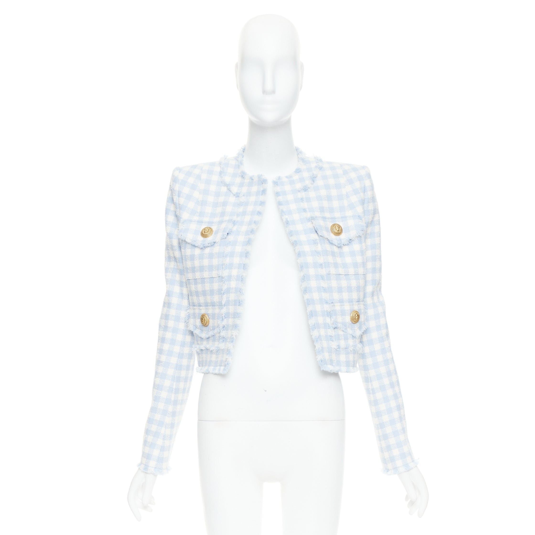 Balmain BALMAIN light blue white plaid tweed trim 4 pocket cropped jacket FR34 XS Size XS / US 0-2 / IT 36-38 - 9 Thumbnail