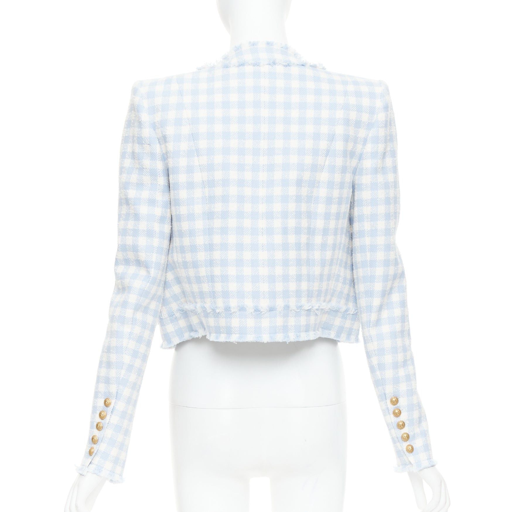 Balmain BALMAIN light blue white plaid tweed trim 4 pocket cropped jacket FR34 XS Size XS / US 0-2 / IT 36-38 - 5 Thumbnail