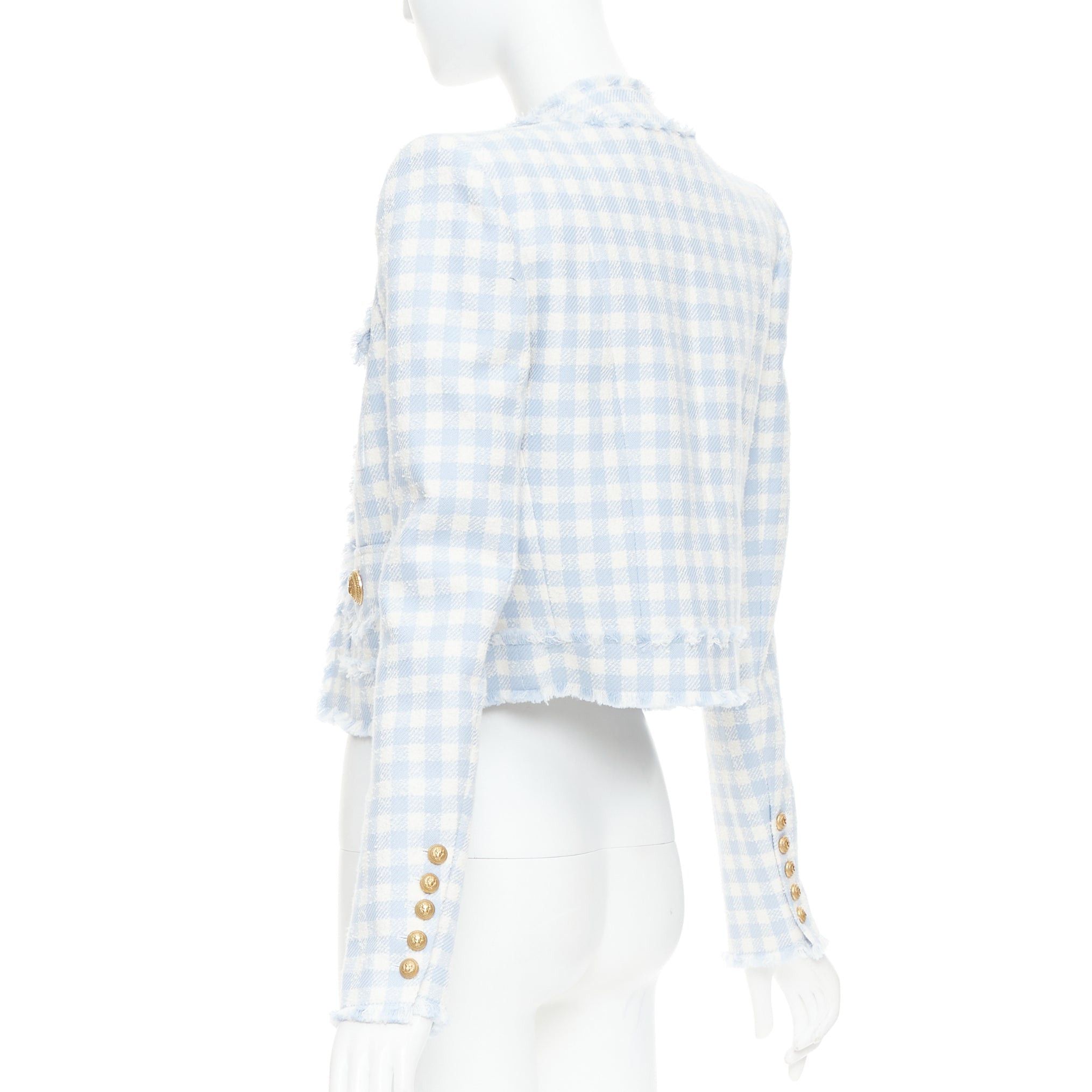 Balmain BALMAIN light blue white plaid tweed trim 4 pocket cropped jacket FR34 XS Size XS / US 0-2 / IT 36-38 - 6 Thumbnail