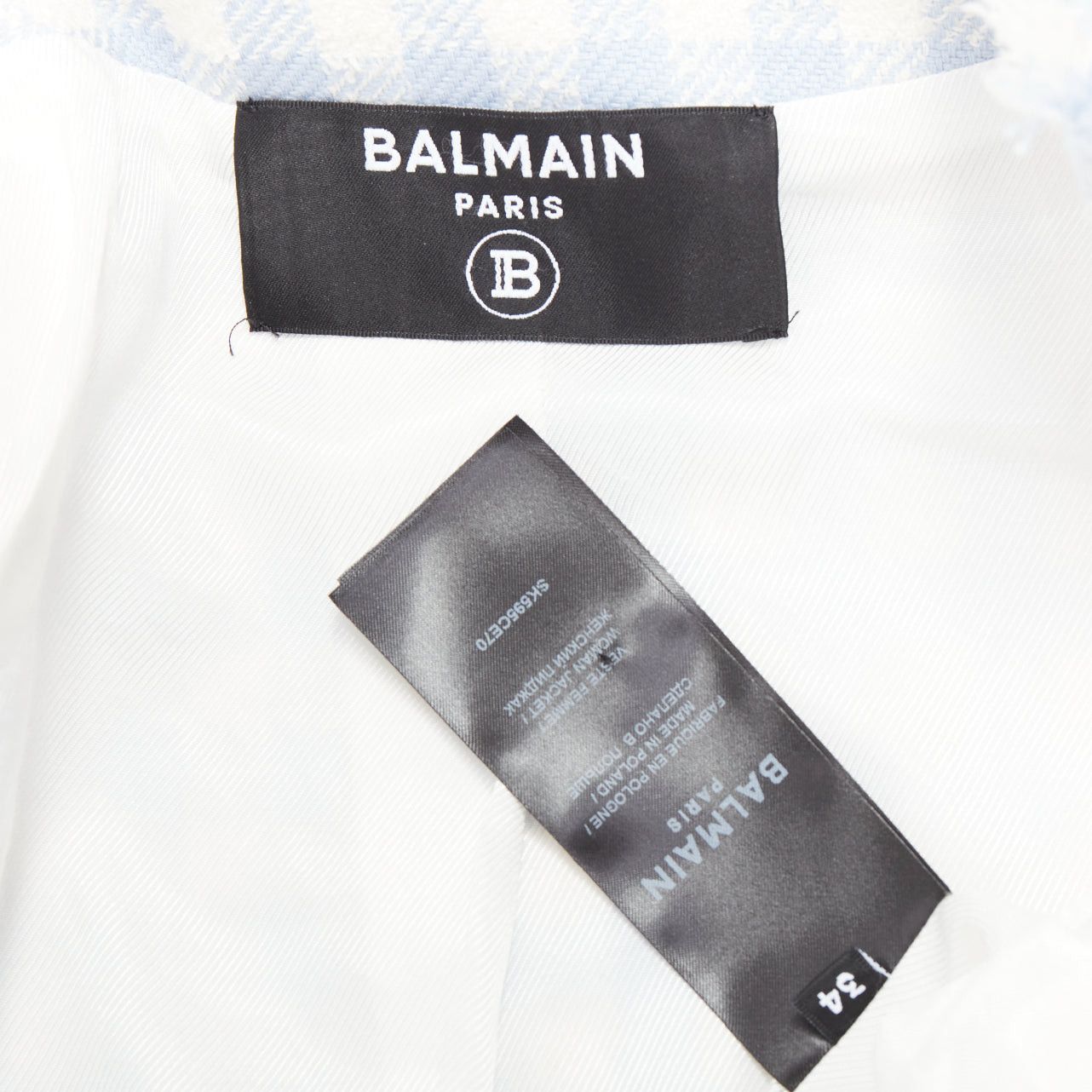 Balmain BALMAIN light blue white plaid tweed trim 4 pocket cropped jacket FR34 XS Size XS / US 0-2 / IT 36-38 - 8 Thumbnail