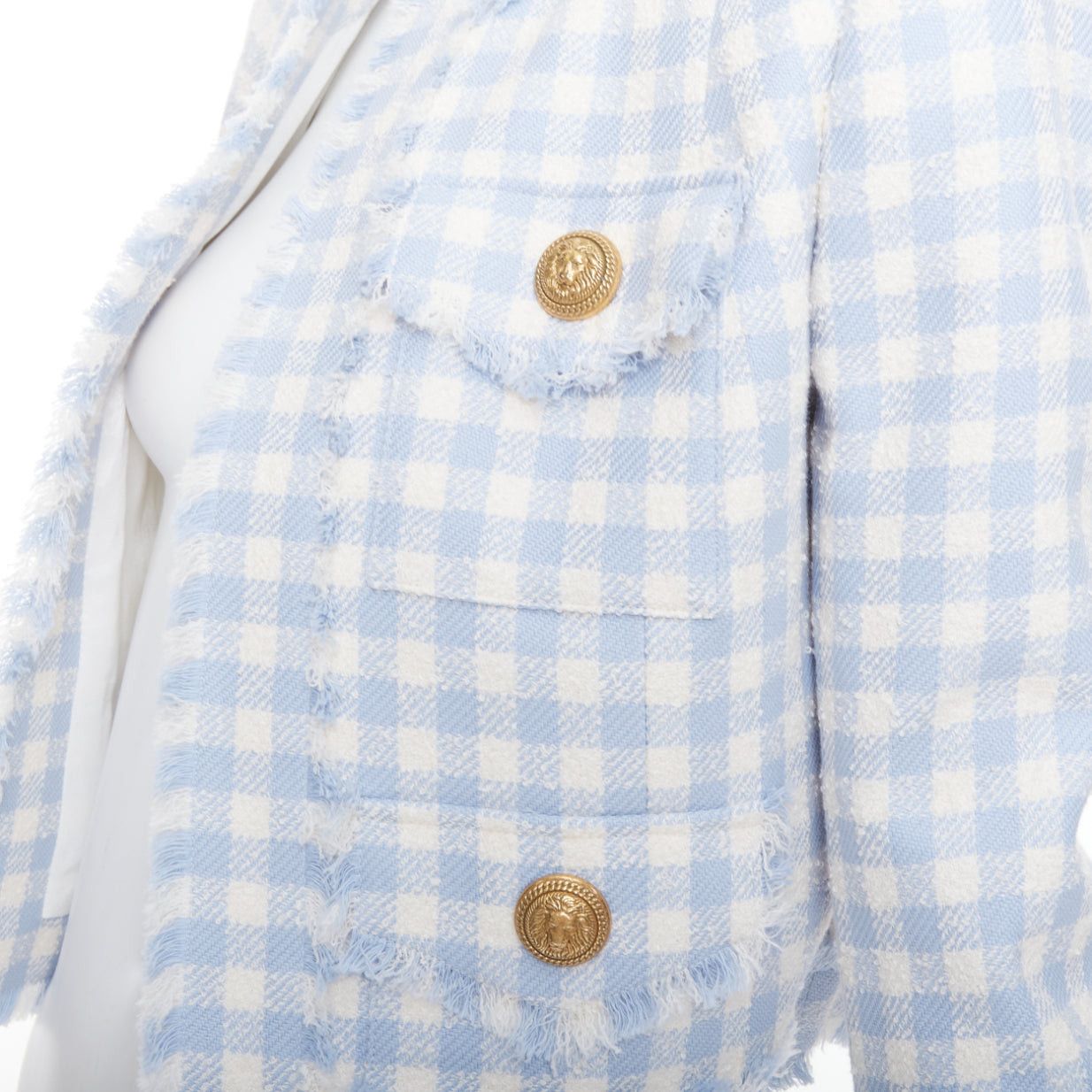 Balmain BALMAIN light blue white plaid tweed trim 4 pocket cropped jacket FR34 XS Size XS / US 0-2 / IT 36-38 - 2 Thumbnail