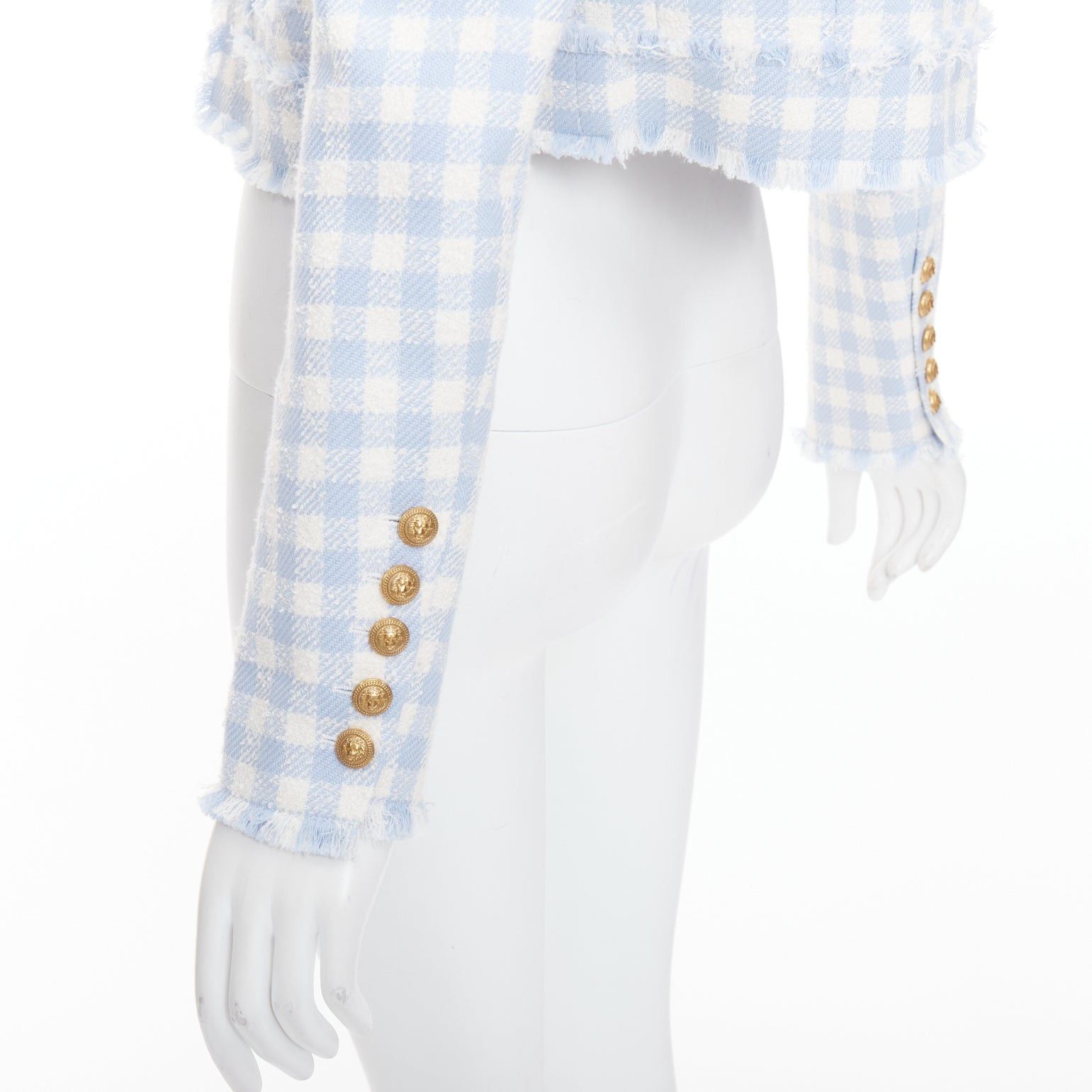 Balmain BALMAIN light blue white plaid tweed trim 4 pocket cropped jacket FR34 XS Size XS / US 0-2 / IT 36-38 - 7 Thumbnail