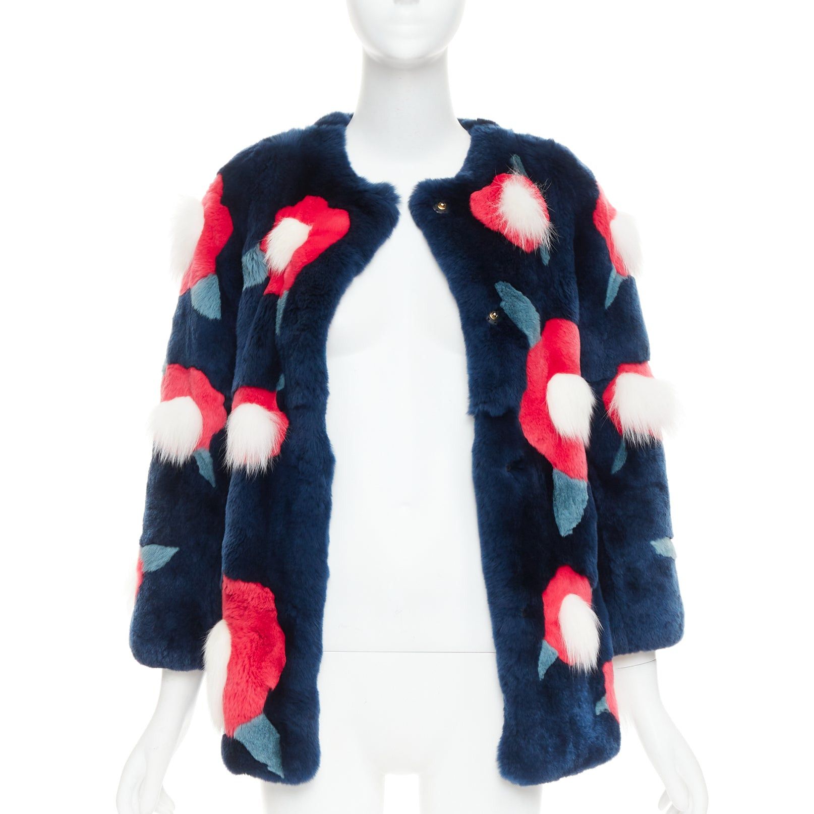 Yves Salomon YVES SALOMON KIDS navy rabbit mink floral patchwork coat Yr10 XS Size XS / US 0-2 / IT 36-38 - 3 Thumbnail