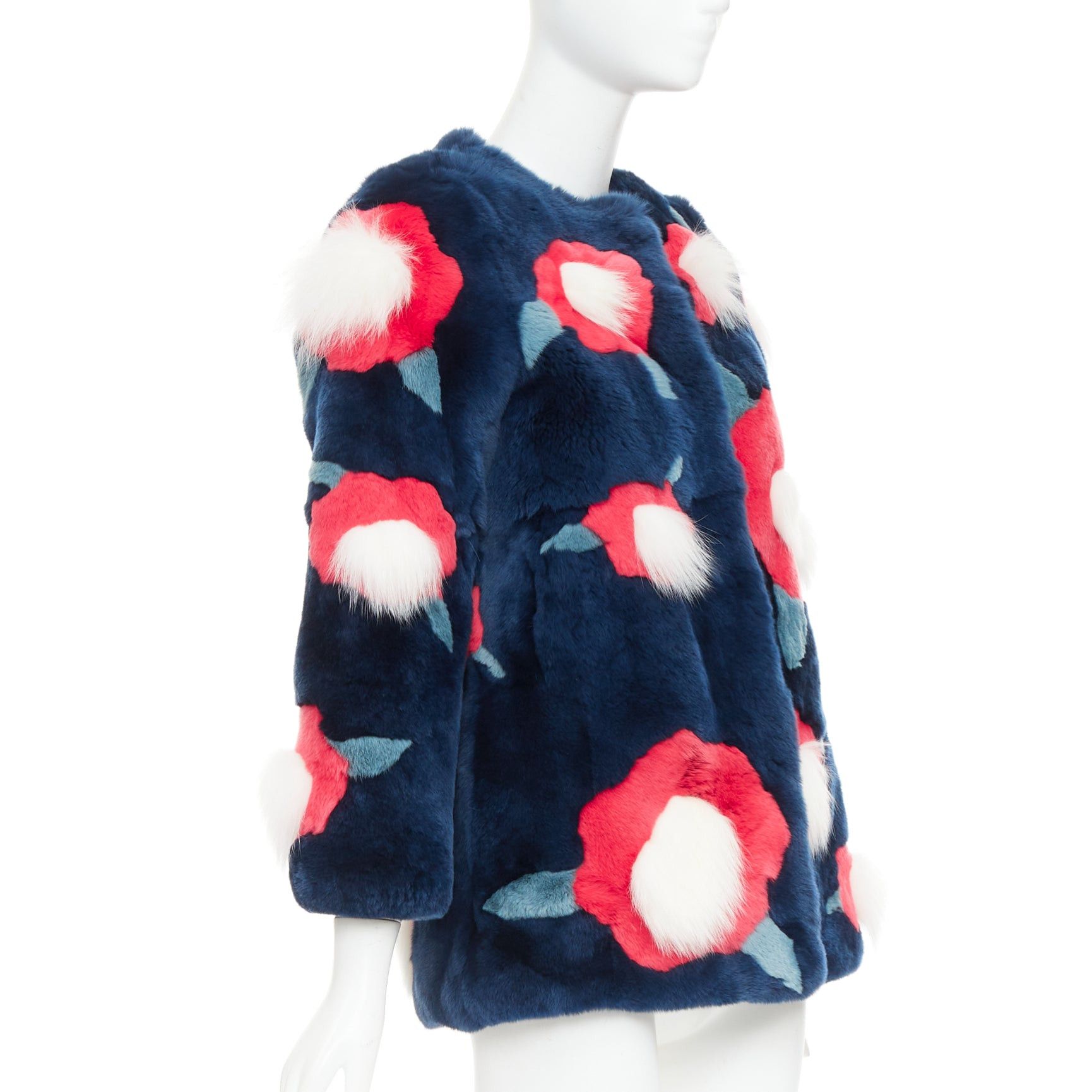Yves Salomon YVES SALOMON KIDS navy rabbit mink floral patchwork coat Yr10 XS Size XS / US 0-2 / IT 36-38 - 4 Thumbnail