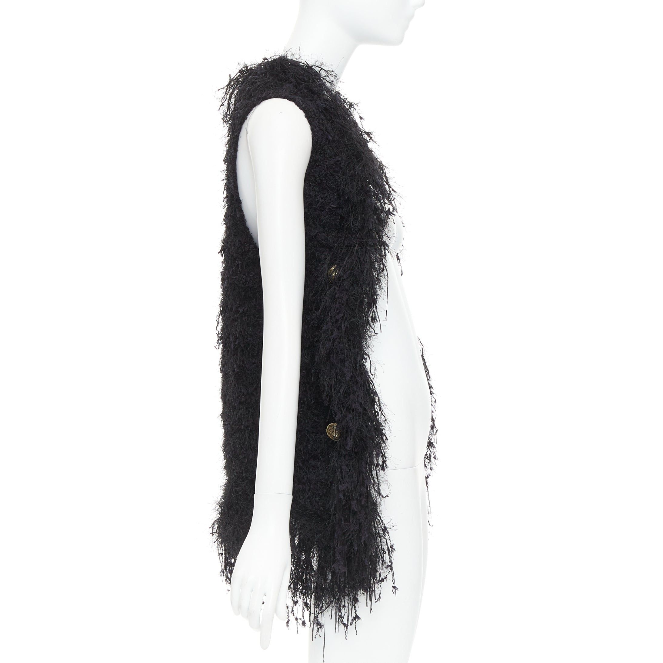 Balmain BALMAIN black fringe tweed gold varsity buttons drape front vest FR36 S Size S / US 4 / IT 40 - 4 Thumbnail
