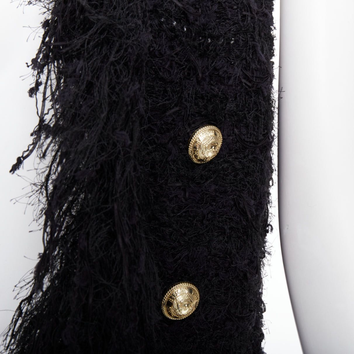 Balmain BALMAIN black fringe tweed gold varsity buttons drape front vest FR36 S Size S / US 4 / IT 40 - 2 Thumbnail