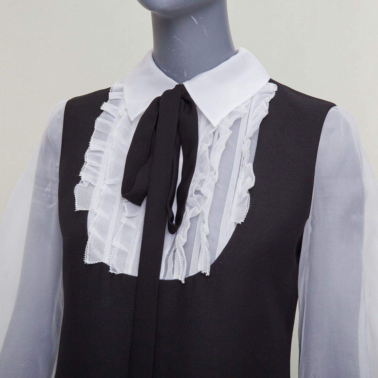 Valentino VALENTINO 2022 Crepe Couture black white wool silk ruffle bib neck tie mini dress IT38 XS Size XS / US 0-2 / IT 36-38 - 2 Thumbnail