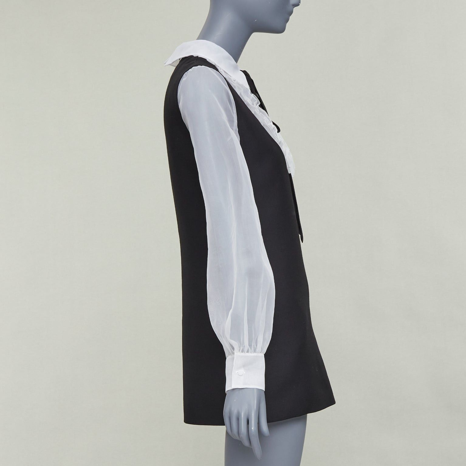 Valentino VALENTINO 2022 Crepe Couture black white wool silk ruffle bib neck tie mini dress IT38 XS Size XS / US 0-2 / IT 36-38 - 4 Thumbnail